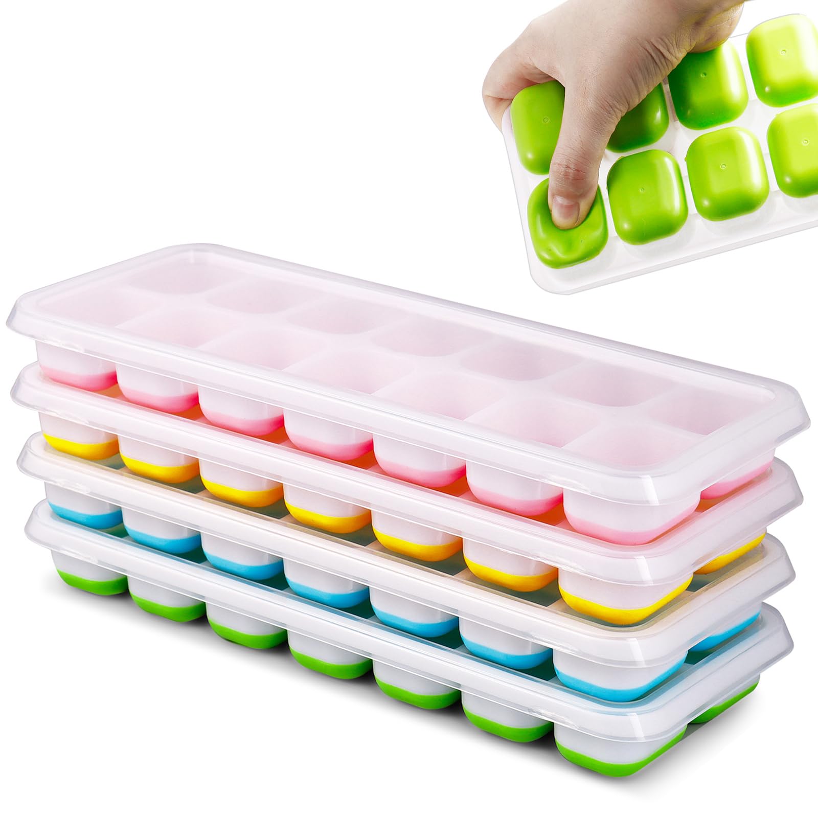 Eiswürfelform Silikon, 4er Pack Eiswürfelbehälter Mit Deckel, Quadratische Eiswürfelschalen, Stapelbar Eiswürfel Form, LFGB Zertifiziert und BPA Frei Vier Kleuren Angebot bei HelloDeals