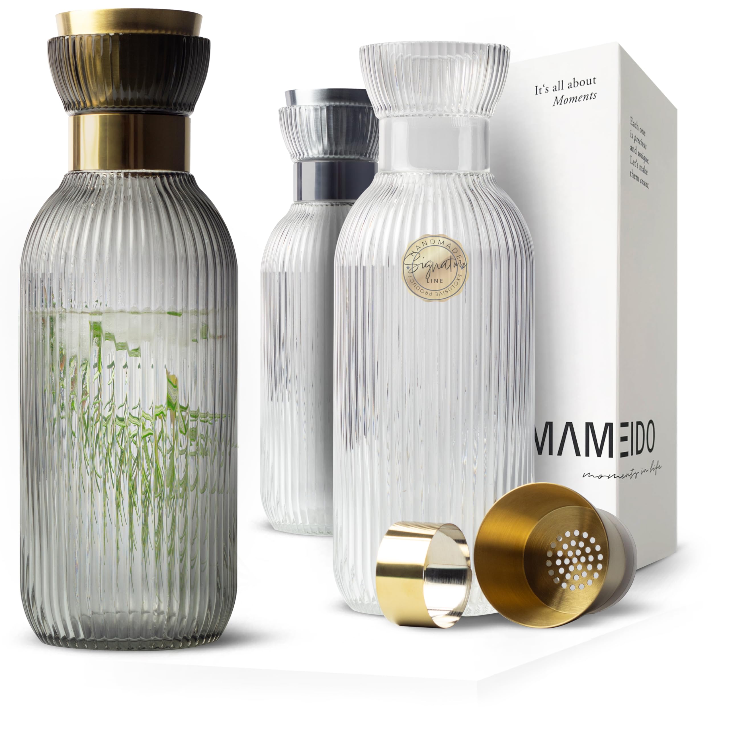 MAMEIDO Wasserkaraffe 1,5 l, Glaskaraffe mit Ausgießer & Sieb, mundgeblasene Karaffe Glas, Wasserkrug mit edler Optik für besondere Anlässe, Karaffen zum Verschenken (Smoke Gold) 1500 ml Smoke Gold Angebot bei HelloDeals