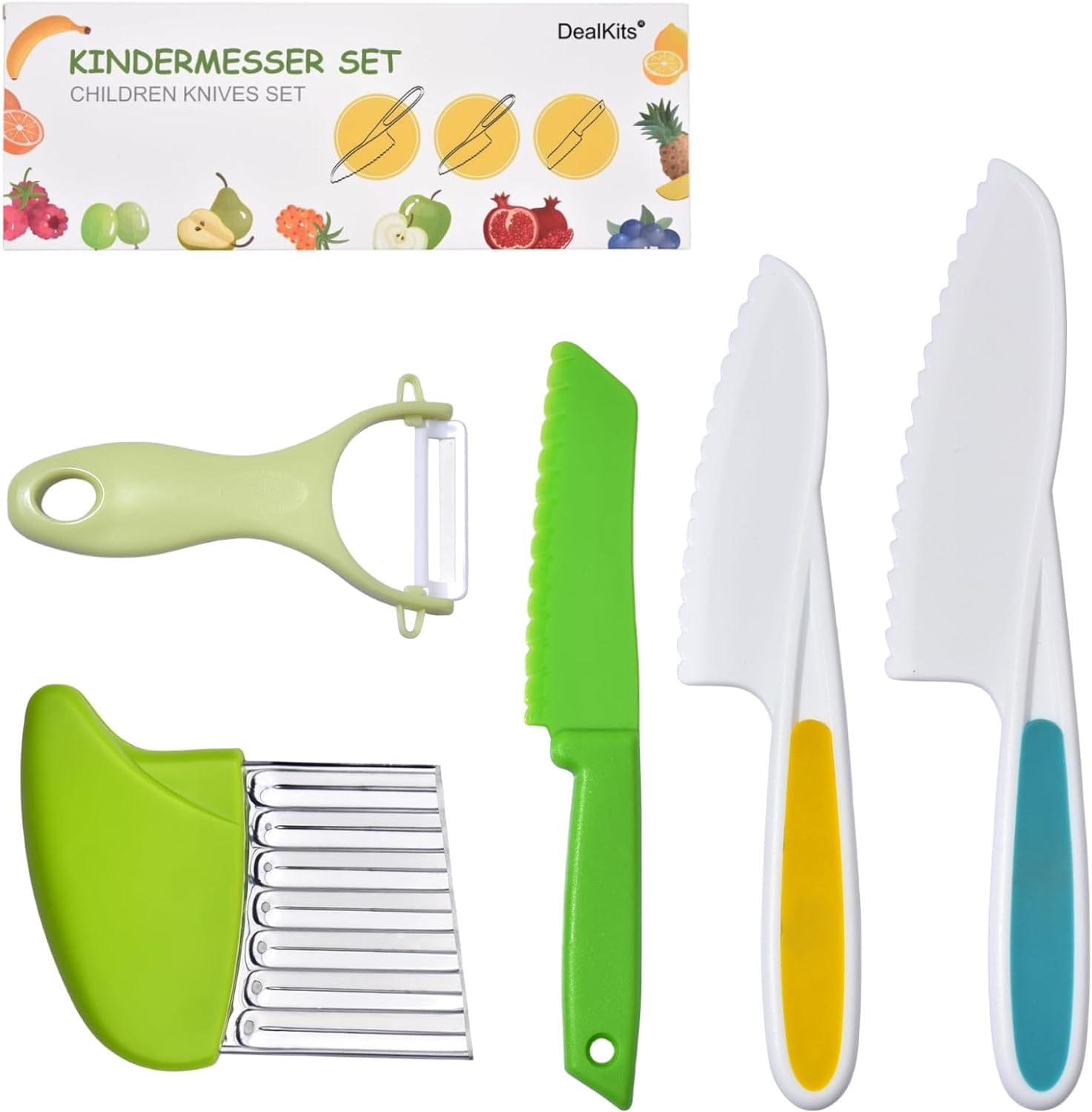 Kindermesser 5-teiliges Kinder Sicherheit Küchenmesser Set zum Schneiden Kochen von Obst oder Gemüse inklusive Kochmesser Obstmesser Schäler Geschenke für Kleinkinder Geburtstag Weinachten Angebot bei HelloDeals