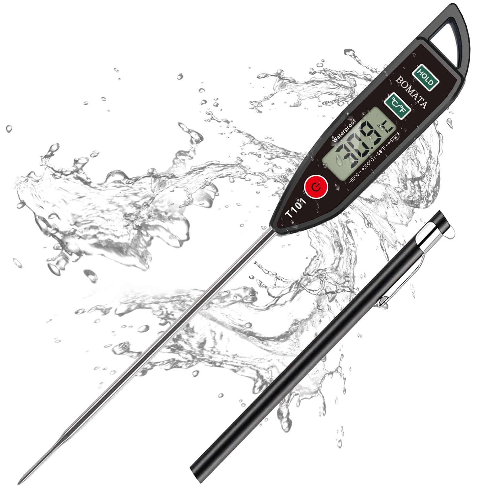 BOMATA Wasserdichtes IPX7 Thermometer, geeignet für Wasser, Flüssigkeiten,Kerzen und Kochen.Sofort ablesbares Lebensmittelthermometer mit langer Sonde,geeignet für Kochen,Fleisch,Grillen!T101 schwarz Angebot bei HelloDeals