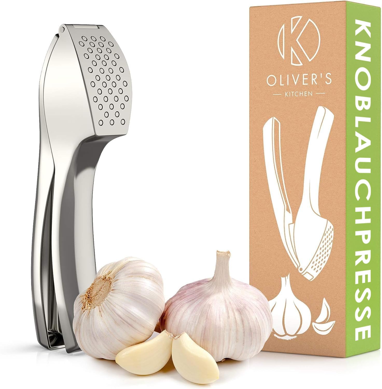 Oliver's Kitchen ® Premium Knoblauchpresse - Handlich & Leicht zu Reinigen - Zerkleinert Knoblauch & Ingwer Mühelos (Kein Schälen Nötig) - Extra Stark & Strapazierfähig Silver Angebot bei HelloDeals