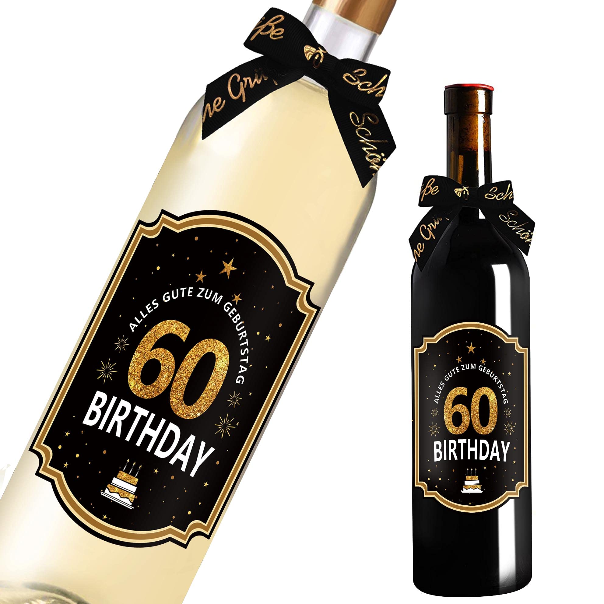 60. Geburtstag Flaschenetikett mit Schleife Schwarzes Gold Lack veredelt 8,5x11,5cm Happy Birthday 60 - Geburtstagsdeko Geburtstagsgeschenk Geschenke für Frauen Männer Angebot bei HelloDeals