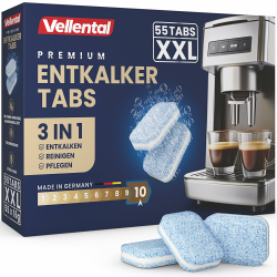 3-in-1 Entkalkungstabletten für Kaffeevollautomaten & Kaffeemaschinen (55 Stück) - Entkalkungs-Tabs für Delonghi, Siemens EQ-Serie, Jura, Krups, Bosch, Miele, Melitta, Krups, Tassimo, WMF Angebot bei HelloDeals