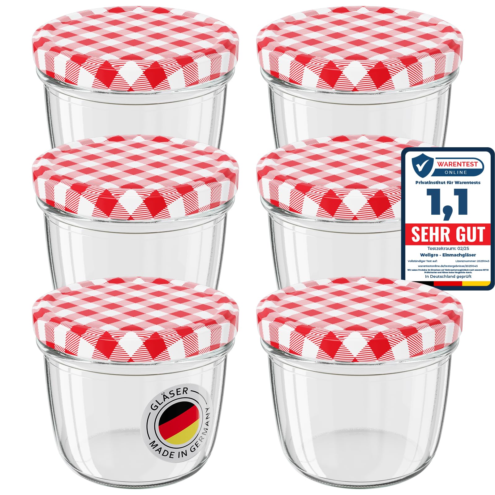 WELLGRO 6x Einmachgläser mit Schraubdeckel, 230 ml Einmachglas Klein, Marmeladengläser Rot Karierte, Kleine Gläser mit Deckel To 82, Einweckgläser Made in Germany, Schraubgläser Stückzahl: 6 Stück Angebot bei HelloDeals