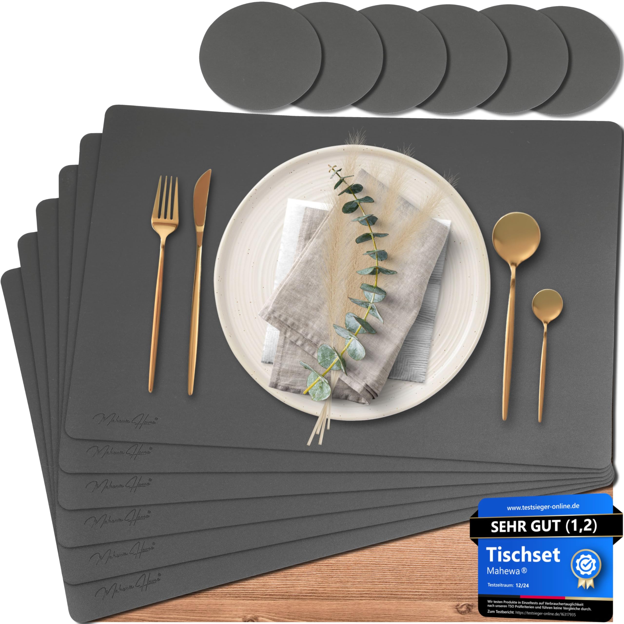 Mahewa® 6er Set Premium Tischset aus Kunstleder - Platzset abwaschbar und wasserdicht - Platzdeckchen Telleruntersetzer in Lederoptik (Dunkelgrau, Eckig) Dunkelgrau Eckig Angebot bei HelloDeals