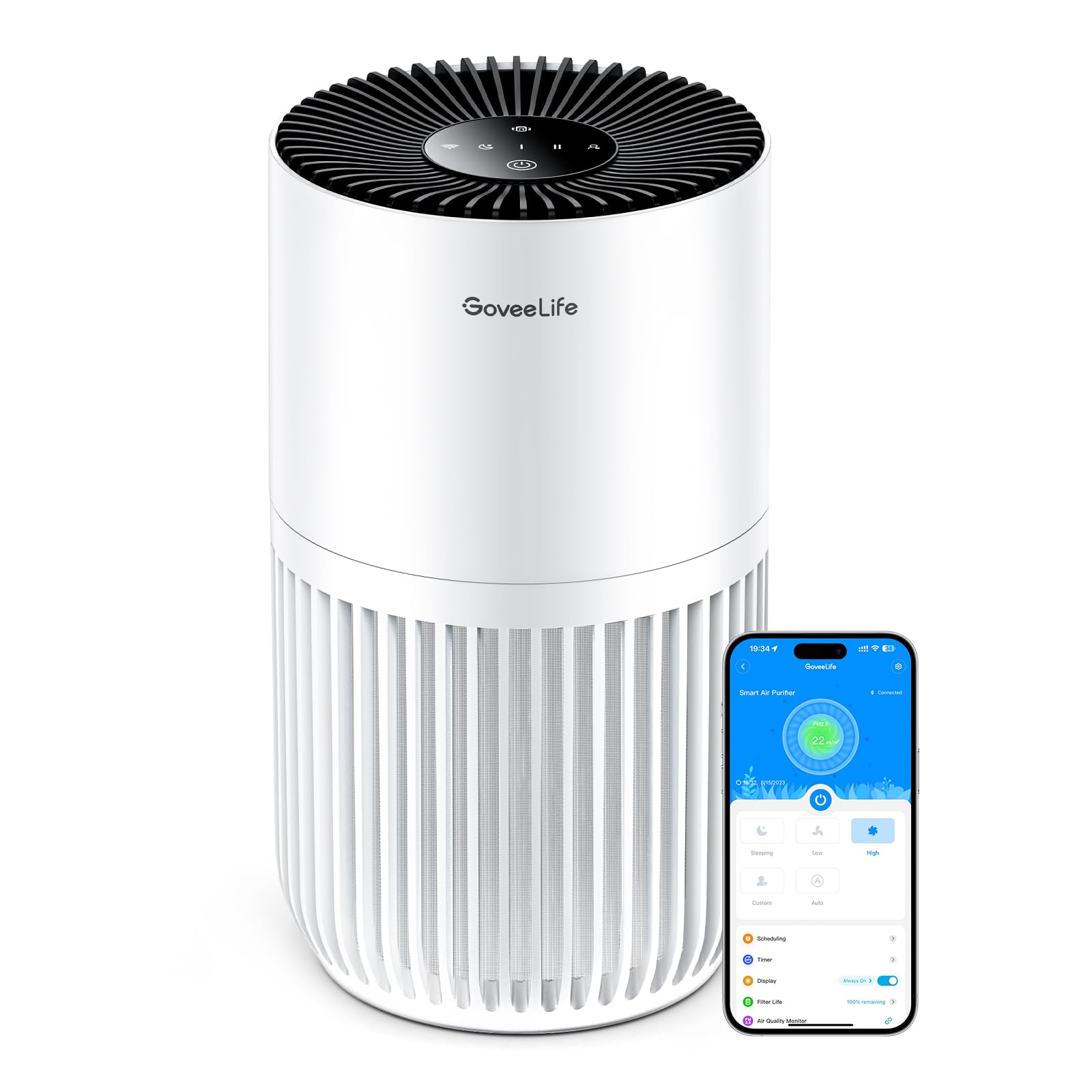 GoveeLife Mini-Luftreiniger fürs Schlafzimmer, intellig. HEPA-Filter mit Alexa-App-Steuerung gegen Tierhaare, Gerüche, Pollen, Rauch, Tragb. Luftreiniger mit 3 Geschwindigkeiten, 2 Modi, Timer, Aromen Angebot bei HelloDeals