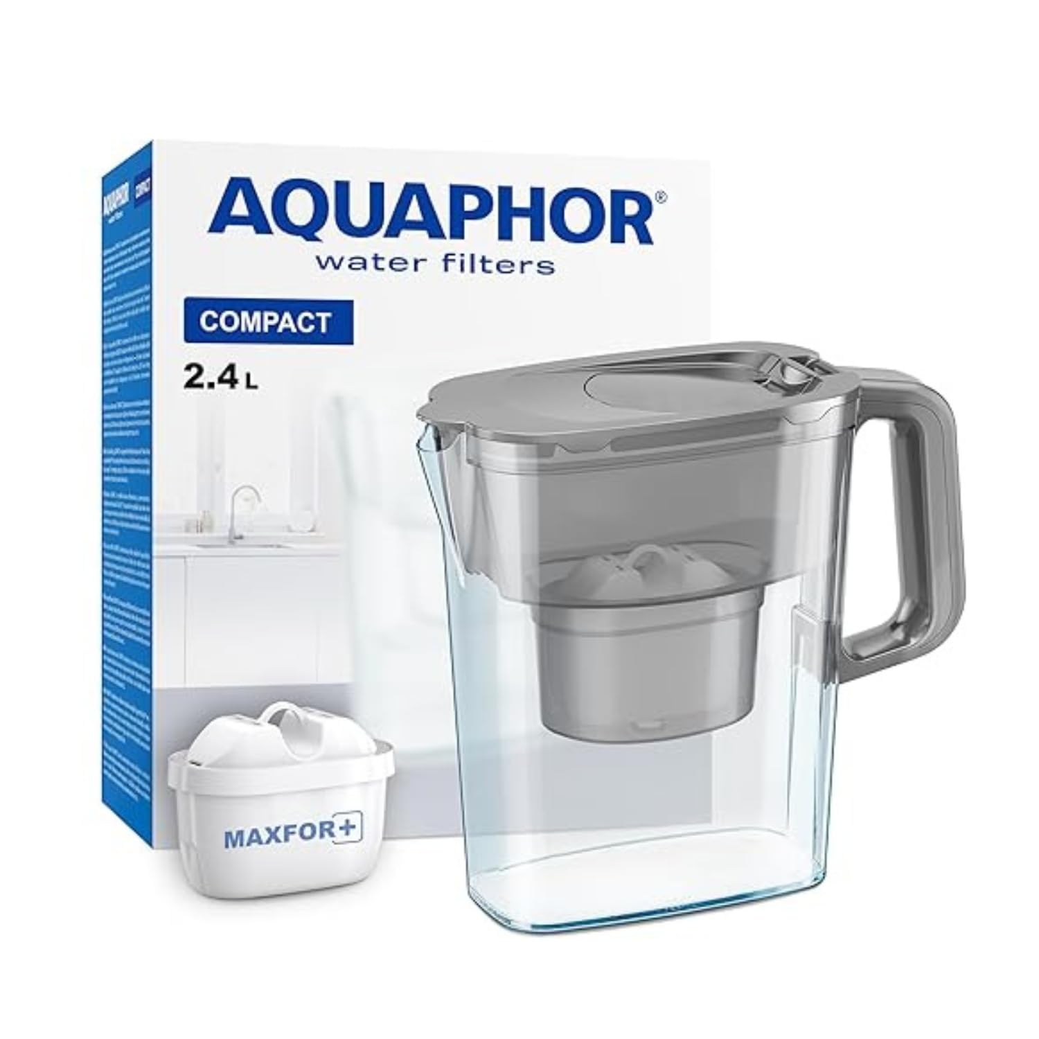 AQUAPHOR Compact | Wasserfilter Kanne inkl.1 Maxfor+ Kartusche | 2,4l grau | Ideal für die Kühlschranktür & kleine Küchen Angebot bei HelloDeals