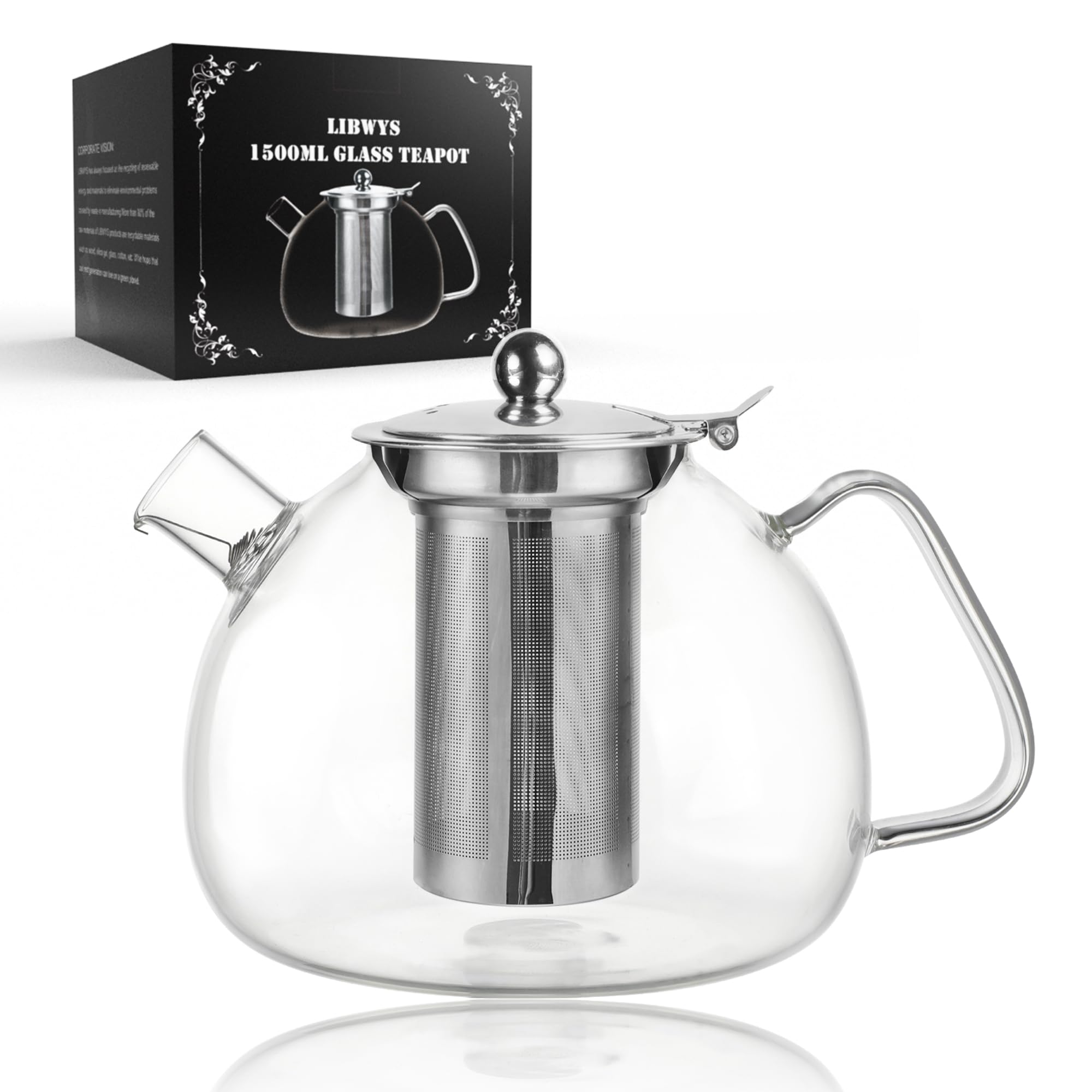 LIBWYS Teekanne 1500ml mit Abnehmbarem Siebeinsatz，Teekanne Glas aus Hitzebeständigem Borosilikatglas，Geeignet zum Aufbrühen von Tee, Blumentee, Kräutertee und Teebeuteln，Einfache Reinigung Modern-1.5L Angebot bei HelloDeals