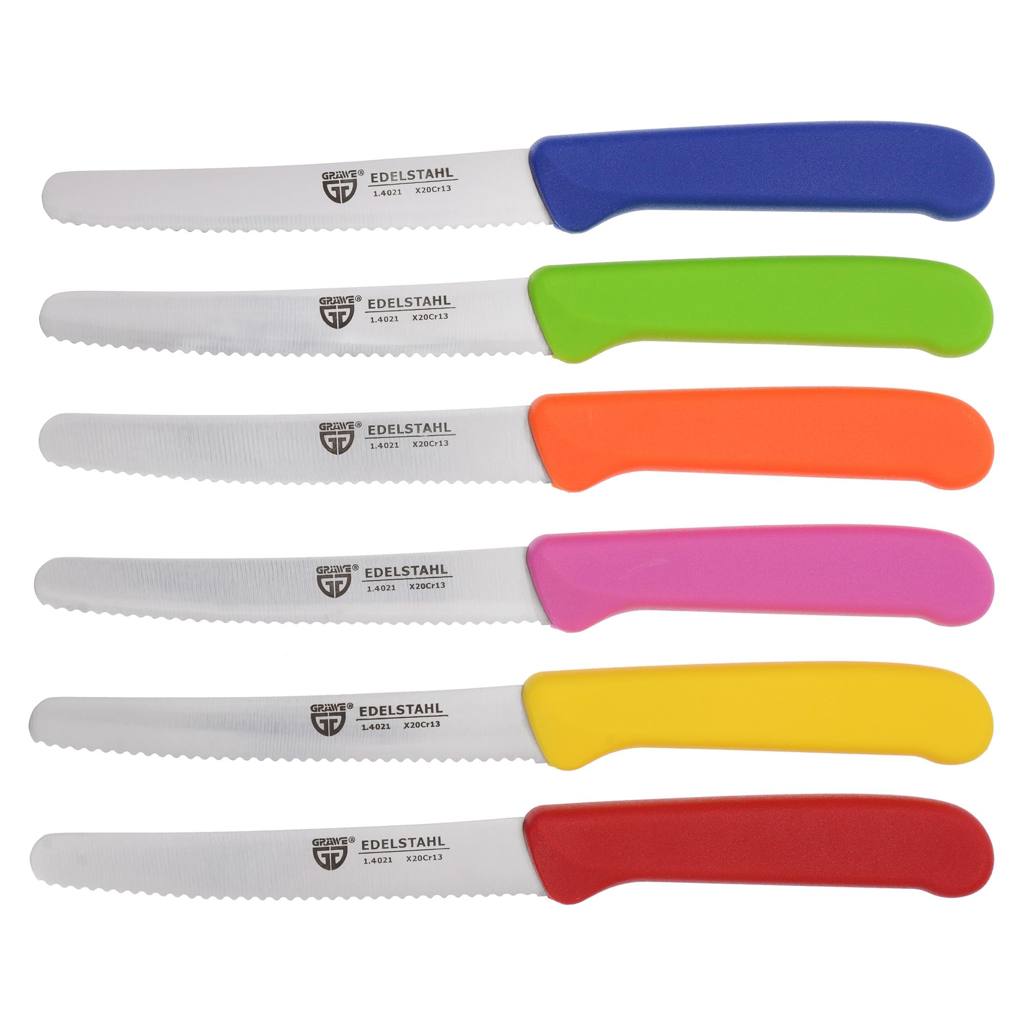GRÄWE Tafelmesser 6 Stück, Messerset zum Schneiden, 6er Pack Brötchenmesser, Frühstücksmesser mit einseitigem Wellenschliff, Brotmesser, scharfe Messer für Brotzeit, 21 cm - Bunt Bunt 6er Messerset Angebot bei HelloDeals