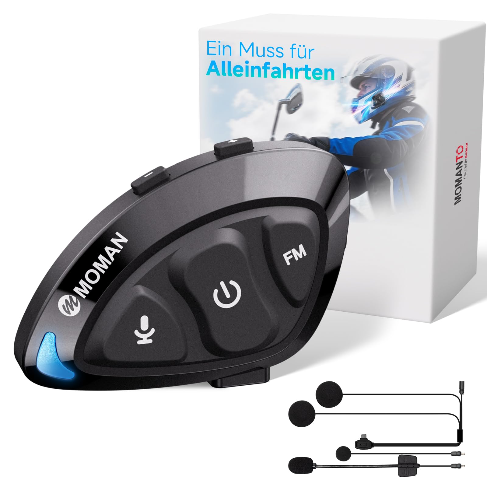 Moman Headset für Motorradhelm, RS-S Kompakt Motorrad Headset mit HI-FI Lautsprecher Geräuschunterdrückung/FM-Radio/KI-Sprache/Freisprechanrufen/IPX6 Wasserdicht Kopfhörer Motorrad für Einzelfahrer RSS Angebot bei HelloDeals