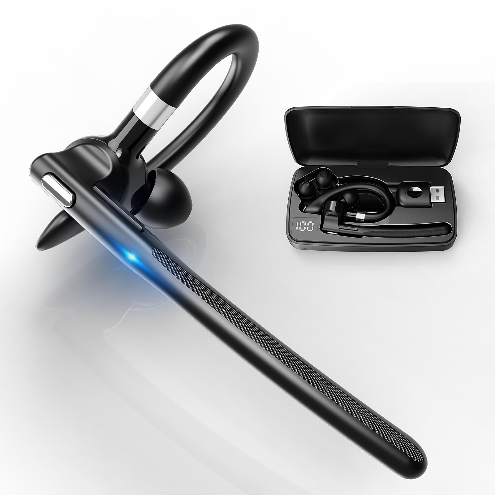 Euakee Bluetooth Freisprech Headset, V5,4 Bluetooth Protokoll, Freisprecheinrichtung Ohr mit 500mAh Ladekoffer, Freisprech Kopfhörer mit CVC 8,0 Dual-Mic für Computer Handys Trucker Home Office (A) Angebot bei HelloDeals