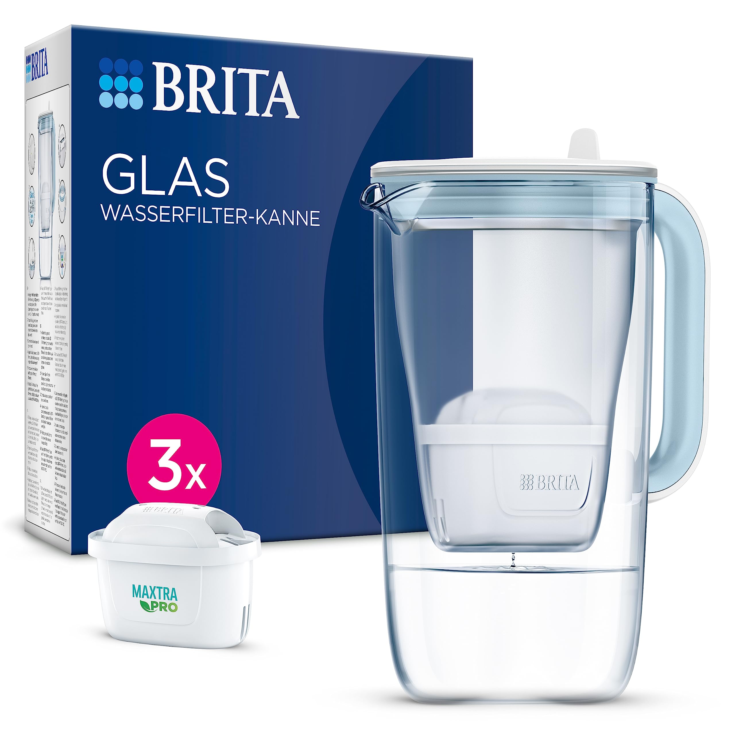 BRITA Glaswasserfilter, Premium-Kanne, hellblau (2,5 l), inkl. 3 x MAXTRA PRO All-in-One-Kartusche, robust und leicht/reduziert Kalk, Chlor, Metalle wie Blei und Kupfer (Verpackung kann variieren) 3er Pack Single Angebot bei HelloDeals