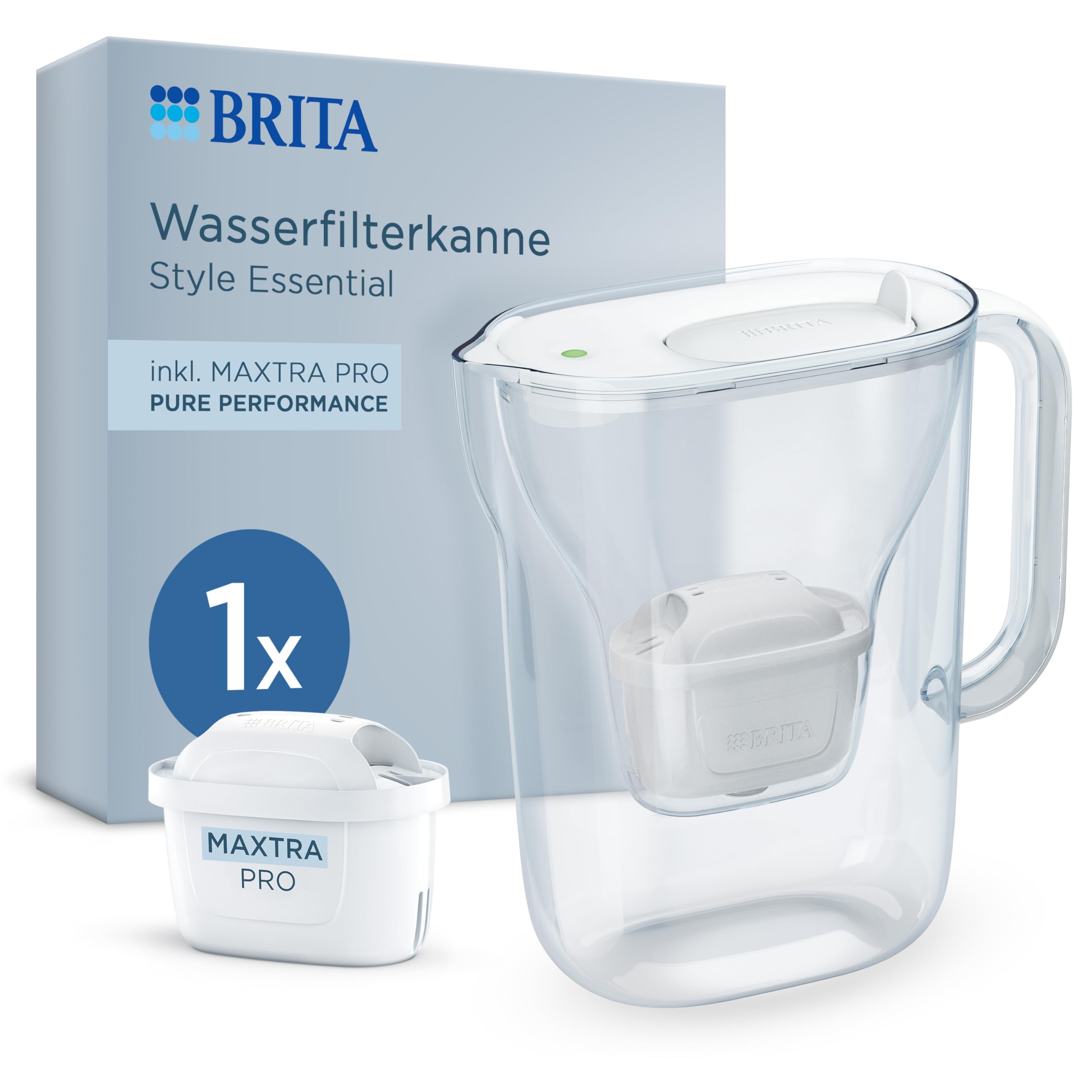 BRITA Wasserfilter Kanne Style Essential weiß (2,4l) inkl. 1x BRITA MAXTRA PRO Pure Performance – Kühlschrankgeeignete Kanne mit Smart Light LED & Klapp-Deckel, filtert Verunreinigungen & mehr weiß (Style Essential) Angebot bei HelloDeals