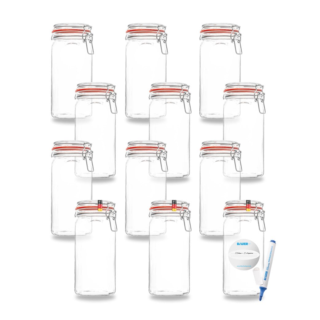 BAUER Flaschenbauer - 12 -teiliges Set Drahtbügel-Vorratsgläser 1550ml, geeignet als Einmach- und Fermentierglas, zur Aufbewahrung, zum Befüllen, Drahtbügelgläser Inklusive Etiketten - Made in Germany 1550 x 12 Stück Angebot bei HelloDeals