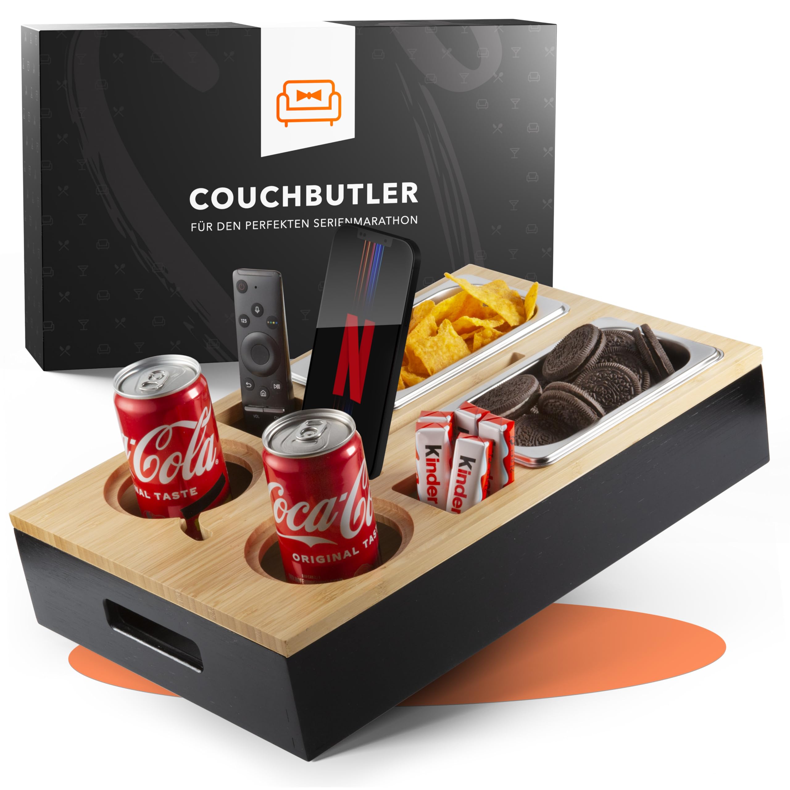 Couchbar Snackbox aus Bambus Personalisierbar inkl. Geschenkbox | Sofa Tablett mit 2 Snackschalen, 2 Getränkehalter mit Untersetzer, magnetischer Deckel, Handyhalterung Ohne Gravur Schwarz Angebot bei HelloDeals