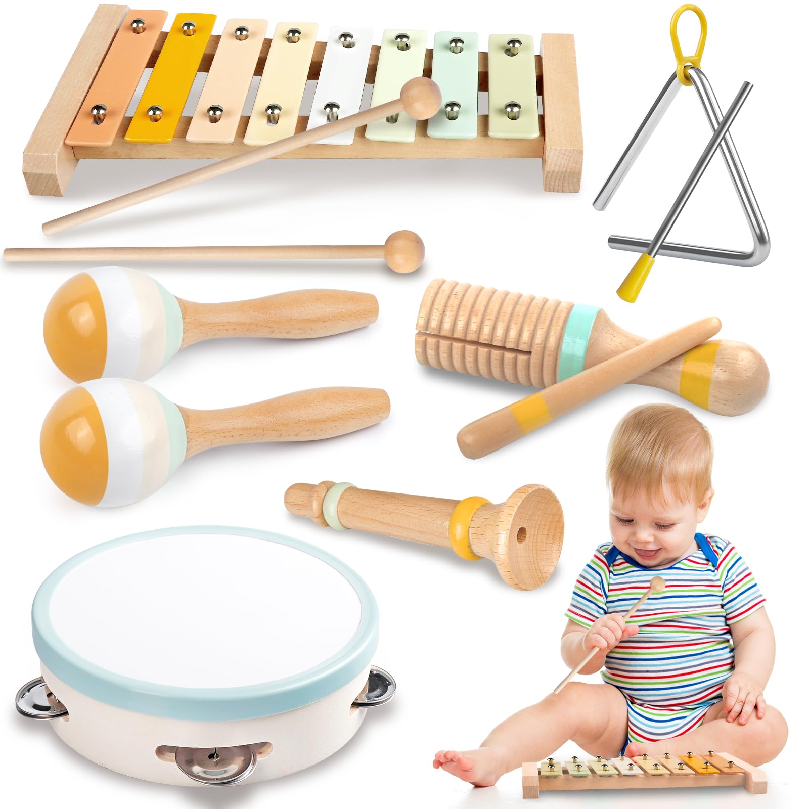 Fortand Musikinstrumente für Kinder, Musik Holzspielzeug ab 3 Jahre Kinderspielzeug Trommel Maracas Triangel Xylophon für Kinder Montessori Spielzeug Holz Percussion Set für Musikalische Früherziehung Angebot bei HelloDeals