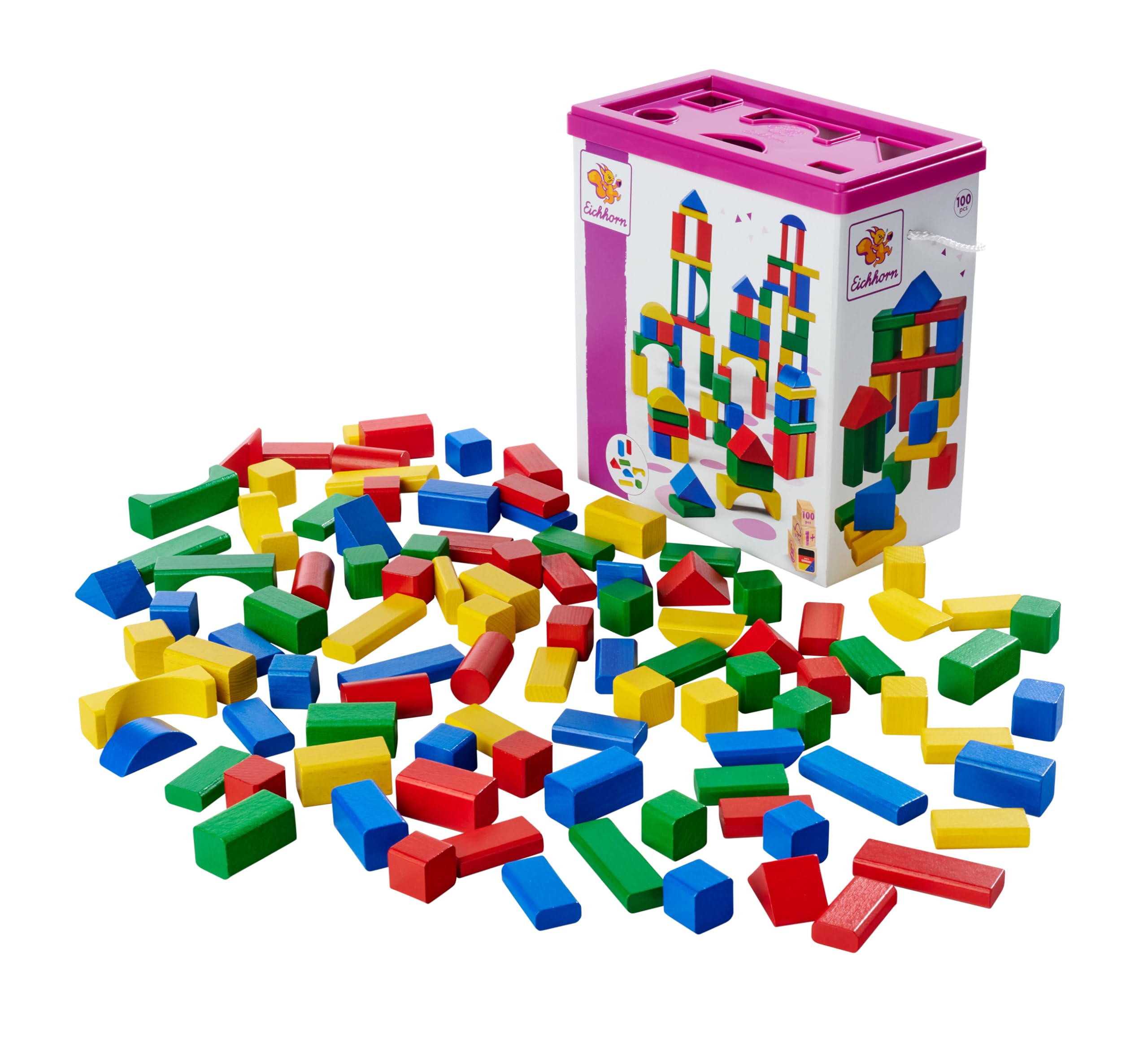 Eichhorn 100010171 100 bunte Holzbausteine in der Aufbewahrungsbox mit Kordel und Sortierdeckel, für Kinder ab 1 Jahr 100 Bausteine Primärfarben Angebot bei HelloDeals