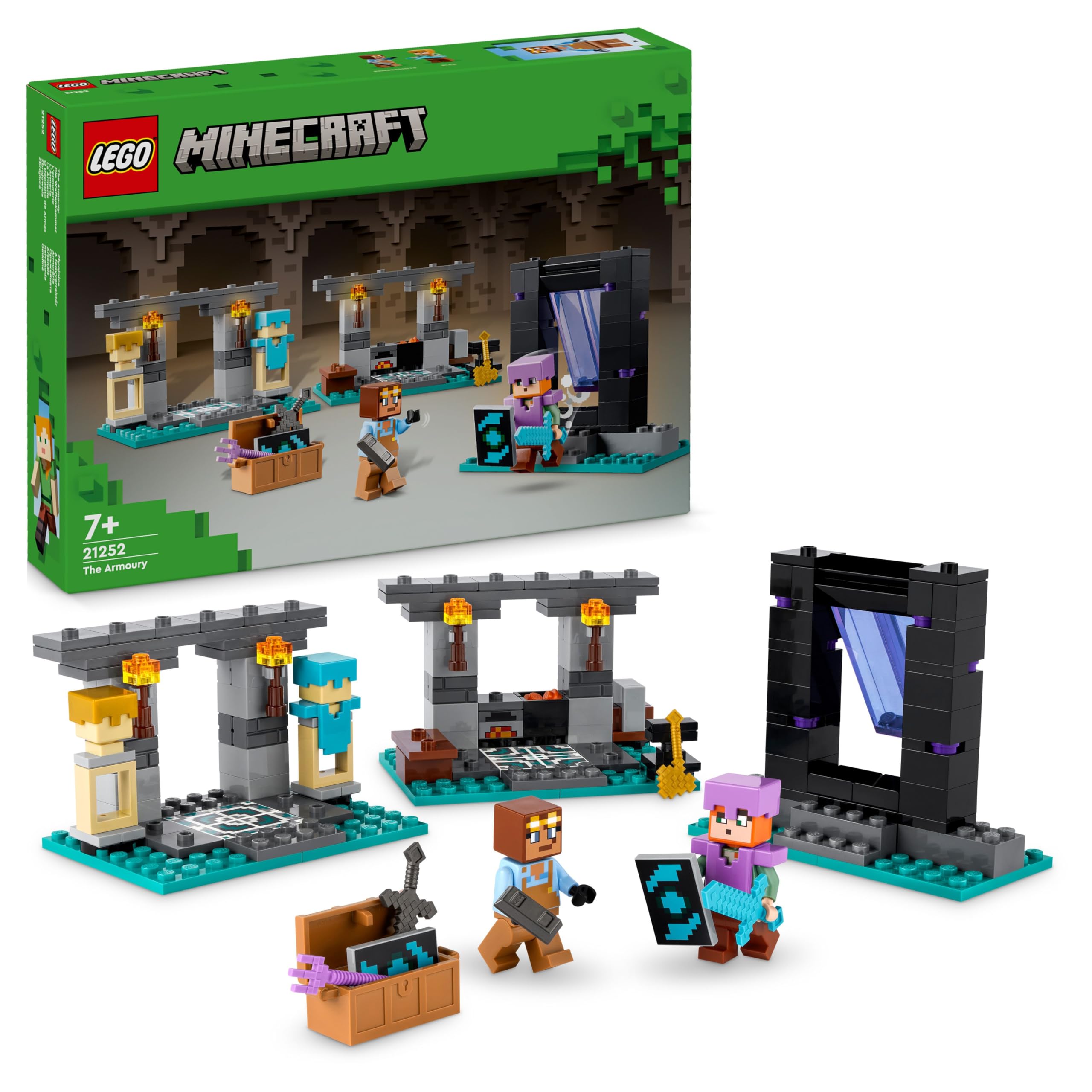 LEGO Minecraft Die Waffenkammer - Spielzeug mit Netherportal, inkl. Alex & Waffenschmied Figuren -Zubehör wie Goldaxt, Schwerter & Schild - Gamer Geschenk für Jungen & Mädchen ab 7 Jahren - 21252 Single Angebot bei HelloDeals