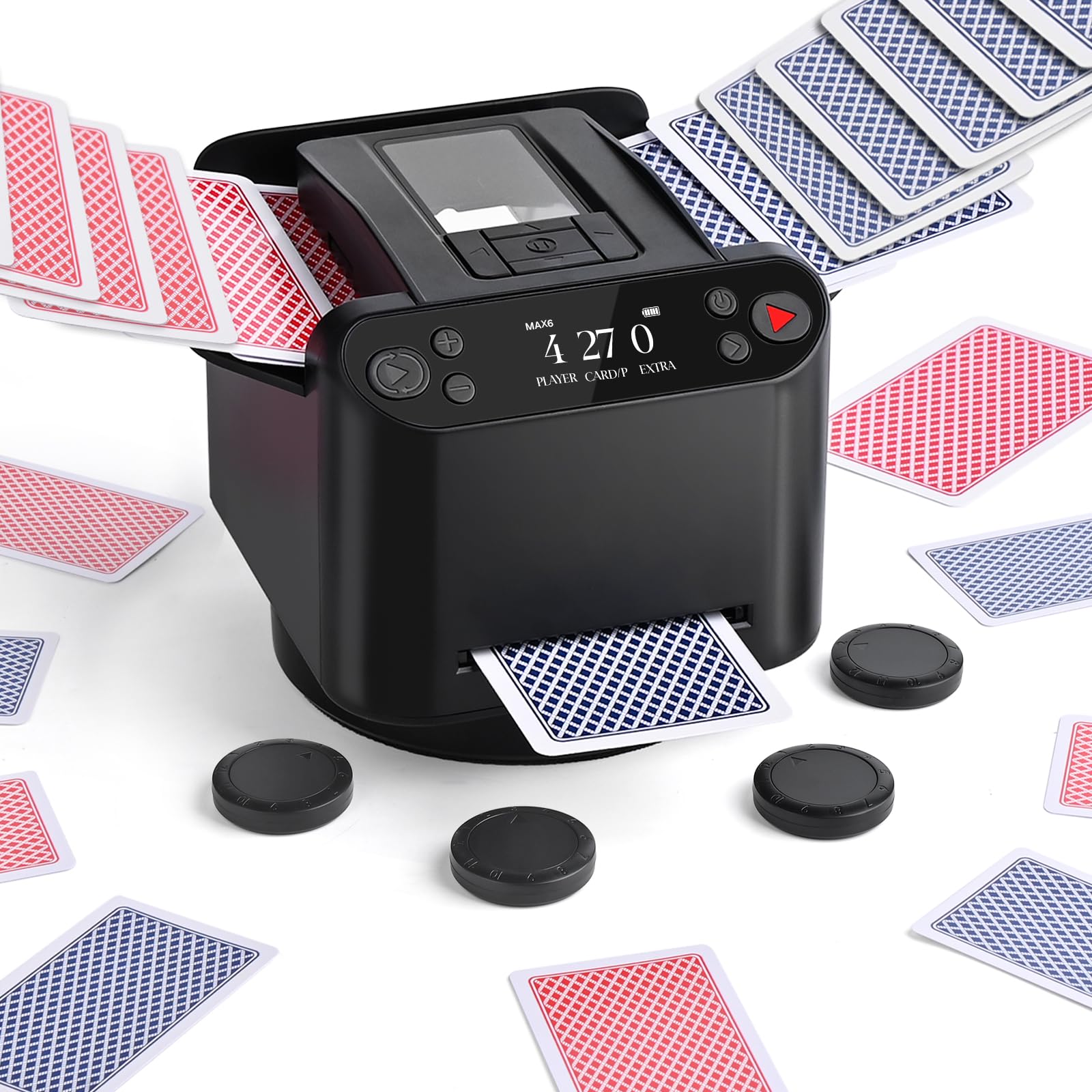 Automatischer Kartenmischer und Austeiler, 360° Drehung für 1–2 Decks, Kartenmischmaschine Kartenmischgerät mit verteiler, 2–12 Spieler mit 4 Fernbedienungen, Wiederaufladbar, Leise für Poker Schwarz Angebot bei HelloDeals