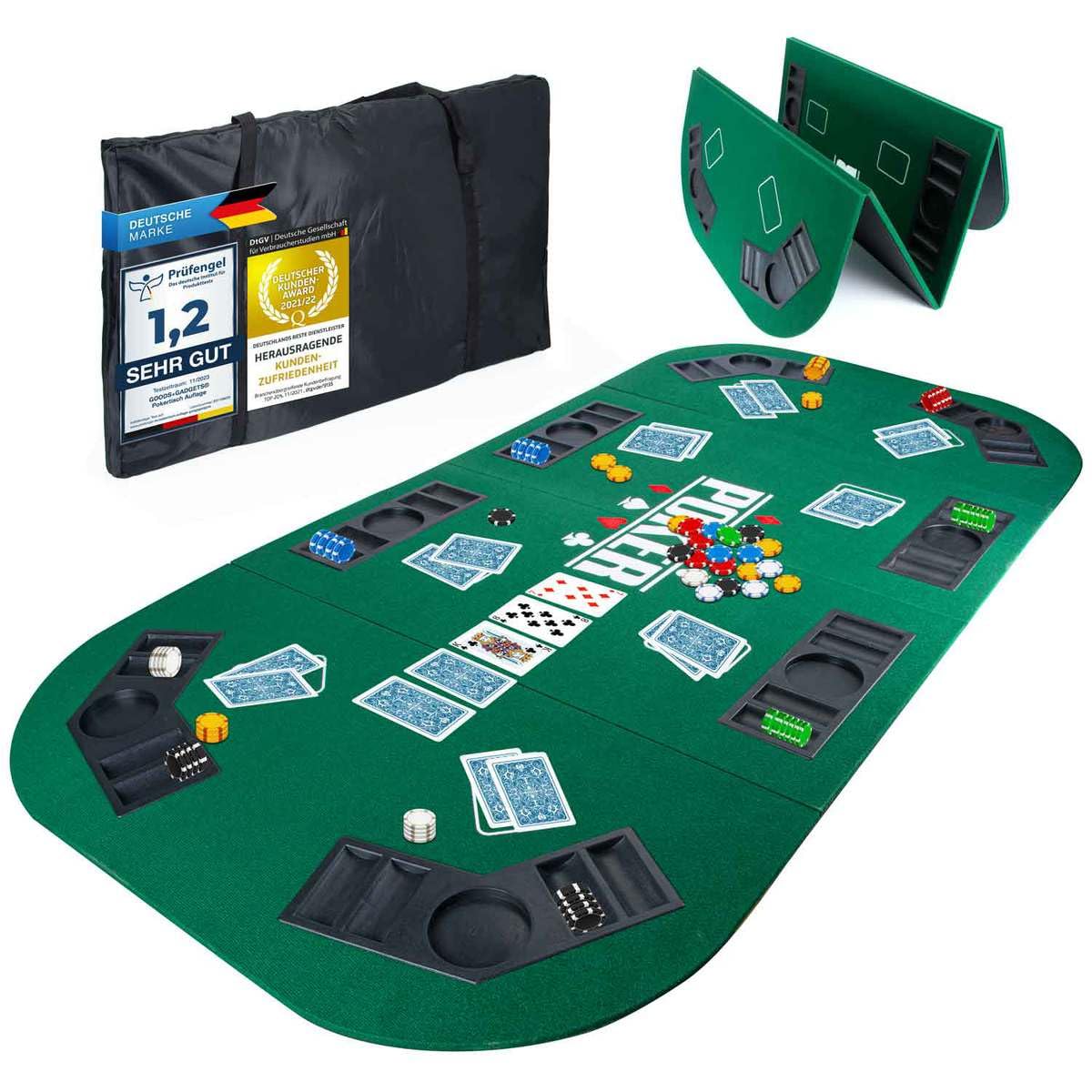 GOODS+GADGETS XXL Pokertisch-Auflage 160 x 80 cm Faltbare Pokerauflage; Poker-Zubehör Pokermatte Tisch-Auflage mit hochwertigem Filz; mit 8 Getränkehaltern; mobil & klappbar (Grün - 160 x 80 cm) Angebot bei HelloDeals