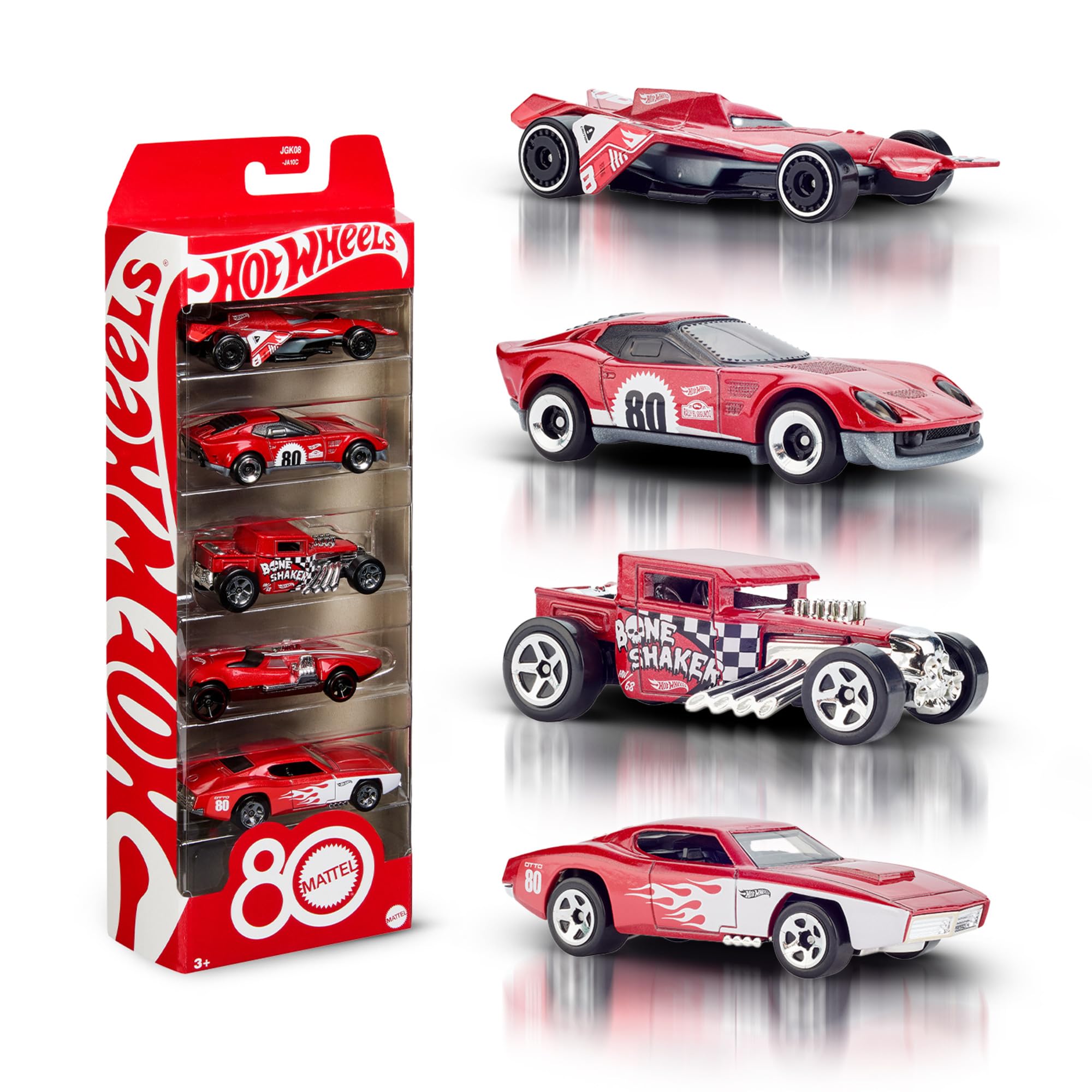 Hot Wheels Spielzeugautos, 5er-Pack Spielzeugautos im Maßstab 1:64 mit Deko und Verpackung zum Sammeln, Core Mattel 80. Jubiläum, Set mit 5 Fahrzeugen, JGK08 Angebot bei HelloDeals