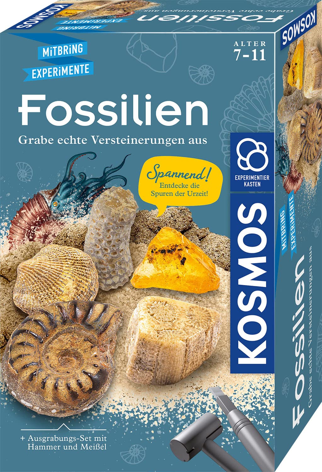 KOSMOS 657918 Fossilien Ausgrabungs-Set, Grabe echte Versteinerungen und Bernstein selbst aus, mit Hammer und Meißel, Experimentierset für Kinder ab 7 Jahre Angebot bei HelloDeals