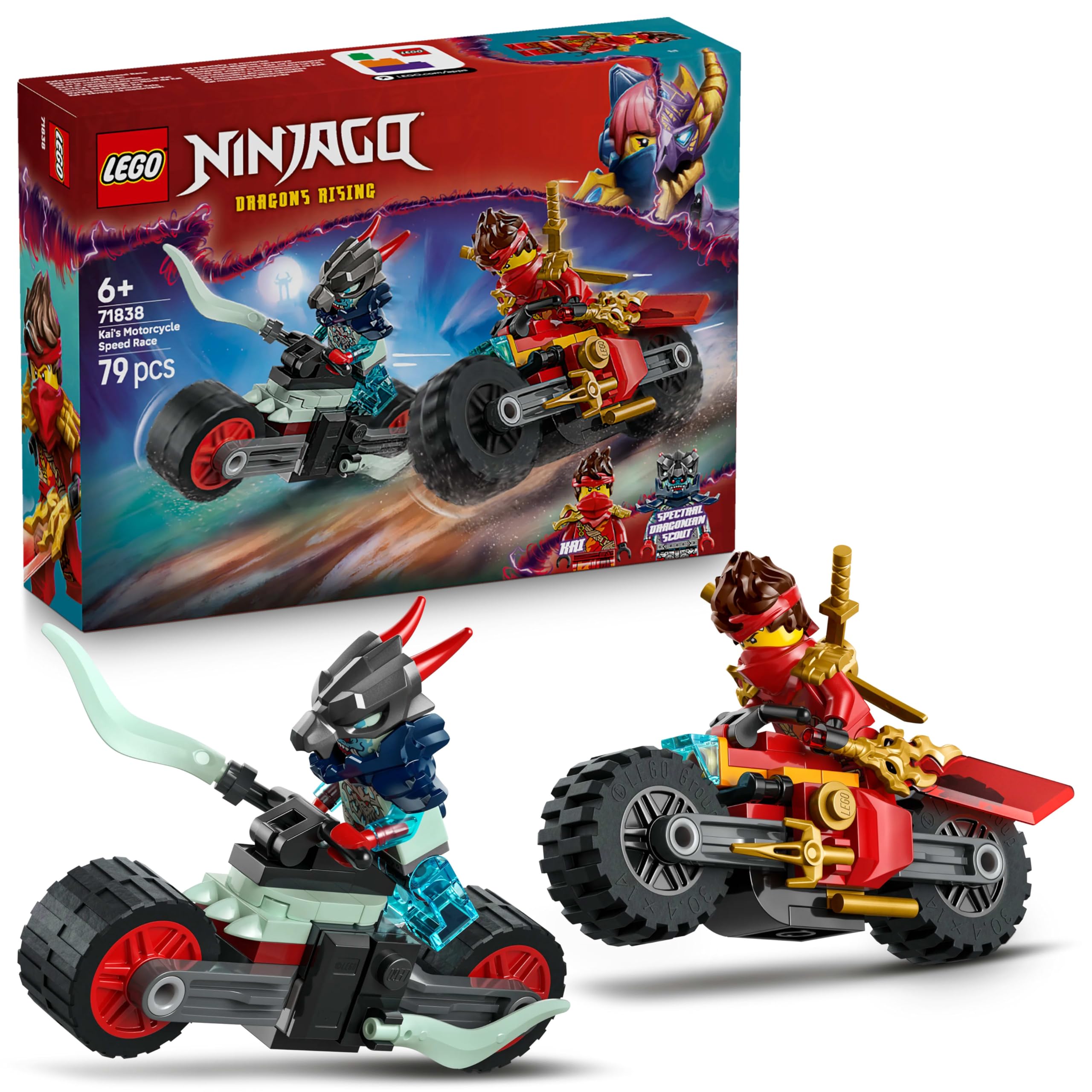 LEGO NINJAGO Kais Motorradrennen - Spielzeug mit 2 Ninja-Bikes und 2 Minifiguren - BAU- und Action-Set für Kinder - Kleines Geschenk für Jungen und Mädchen ab 6 Jahren - 71838 Angebot bei HelloDeals