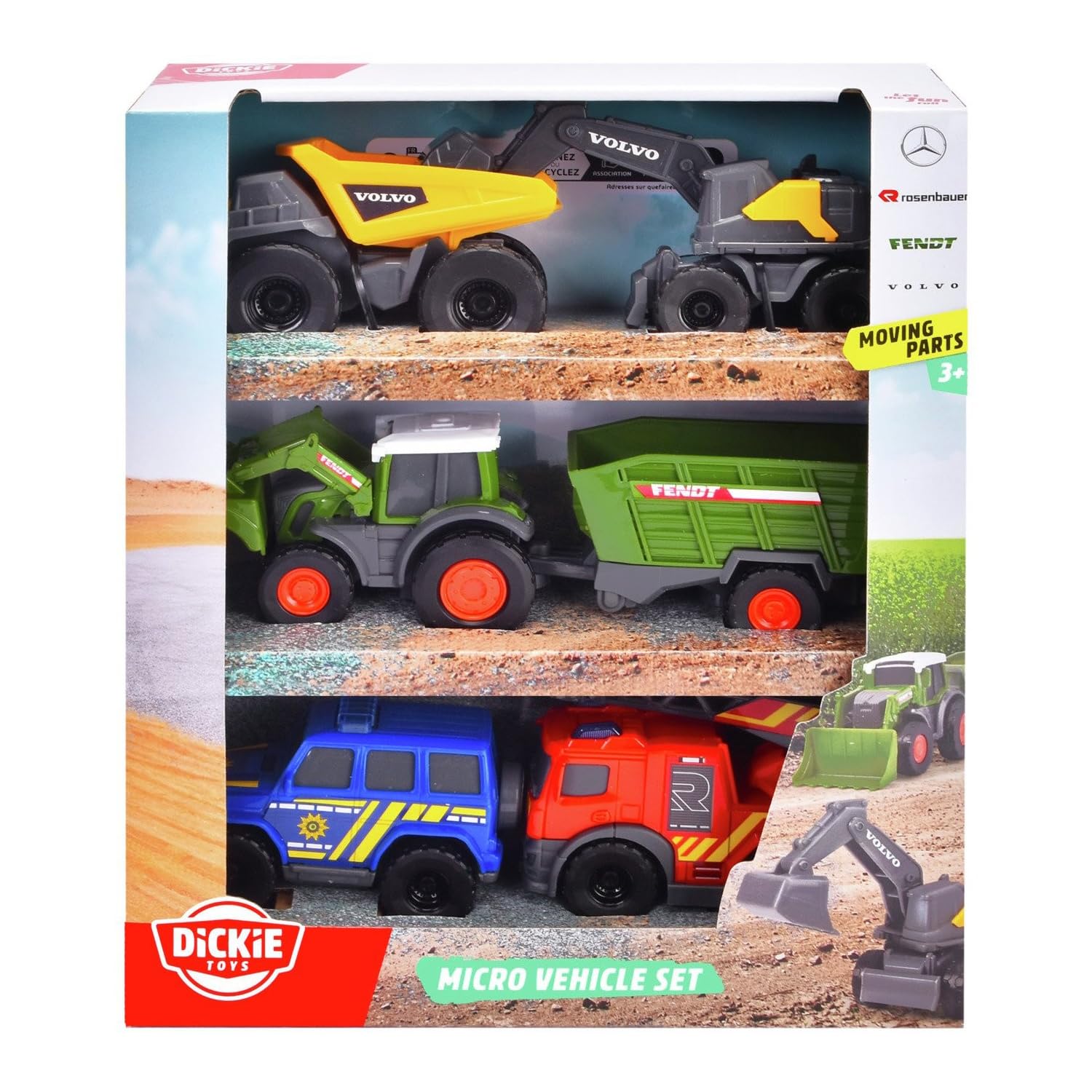 Dickie Toys - 5er-Set Micro Spielzeugautos (je ca. 8 cm) - 5 Autos (Polizei, Feuerwehr, Bagger, Traktor mit Anhänger und Muldenkipper) mit Freilauf und beweglichen Teilen für Kinder ab 3 Jahre Angebot bei HelloDeals