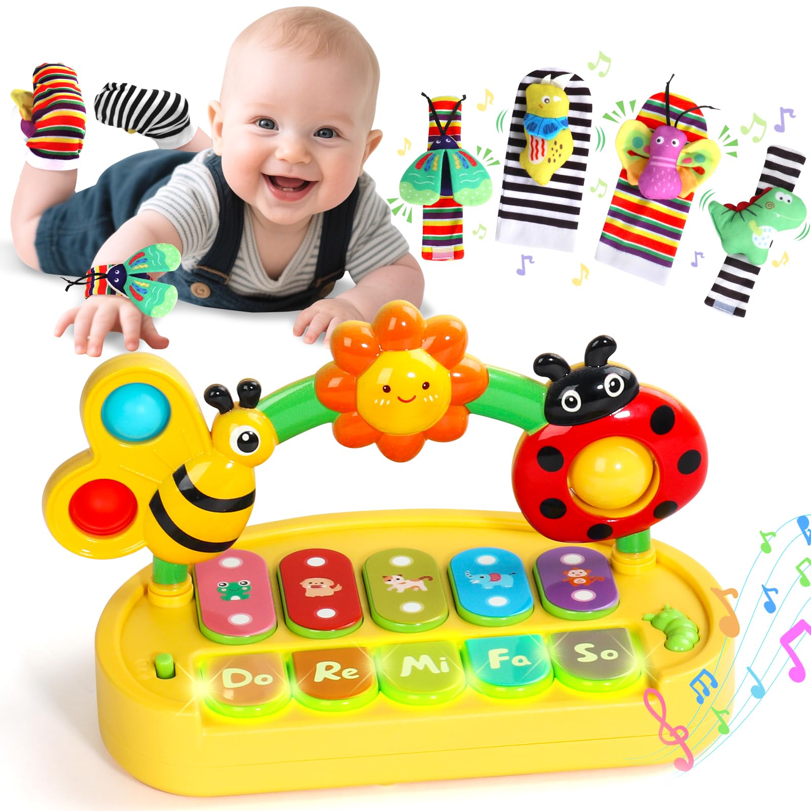 jerryvon Baby Spielzeug 6 Monate, Baby Musikspielzeug Sensorik Set Mit 4 Rasselsocken Motorikspielzeug, Licht & Verstellbarem Sound Music Babyspielzeug, Geschenk für Jungen Mädchen 6-12 Monate Angebot bei HelloDeals