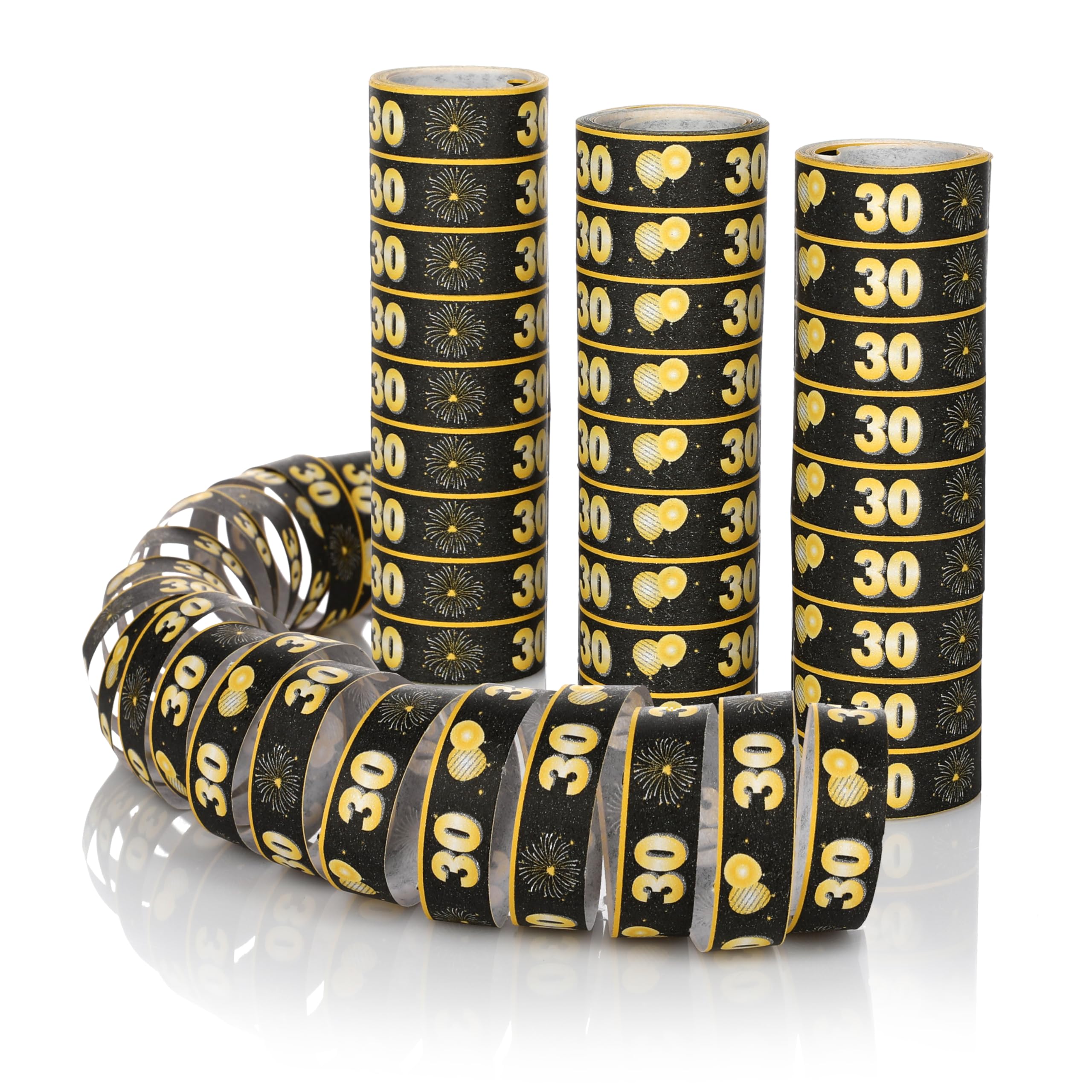 FunX Luftschlangen 30. Geburtstag 3er Pack - Gold Schwarze Party Deko und Tischdeko für Mann oder Frau - Ideal für den Geburtstagstisch Angebot bei HelloDeals