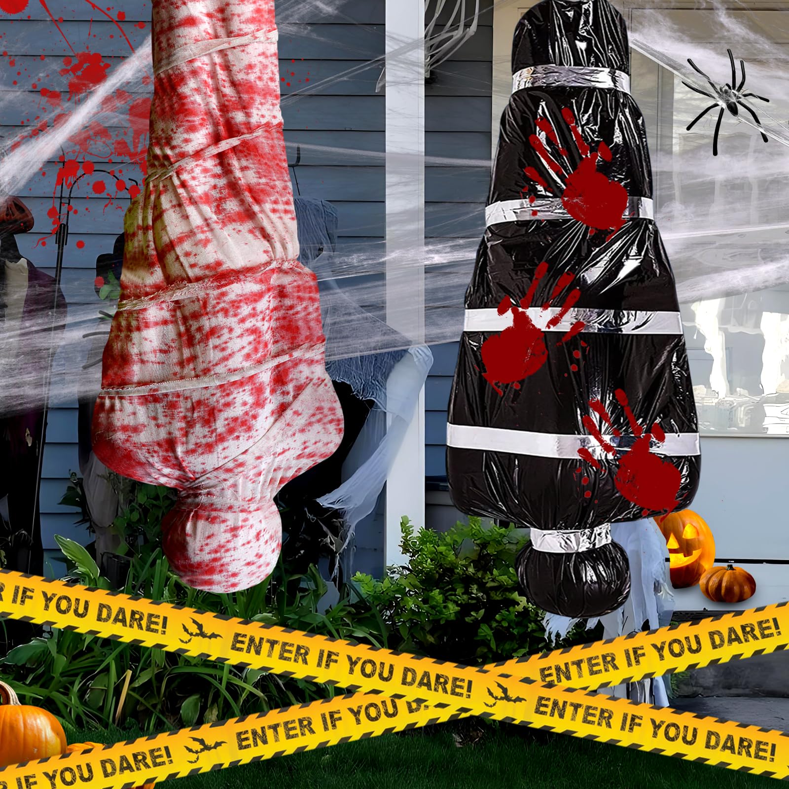Own1one 2er-Set Gruselige Halloween Aufblasbare Leiche Deko - Aufhängbarer Leichensack mit Blutflecken, inkl. Warnband & Spinnennetz für Outdoor Garten, Friedhof, Tatort & Spukhaus Dekoration Angebot bei HelloDeals