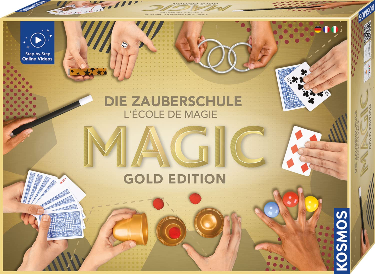 Kosmos 694319 Magic Die Zauberschule - Gold Edition, 75 Zaubertricks und Illusionen, 18 Zauberutensilien, innovatives Anleitungskonzept DREI Schwierigkeitsstufen, Zauberkasten für Kinder ab 8 Jahre multilingual_Zauberschule Angebot bei HelloDeals