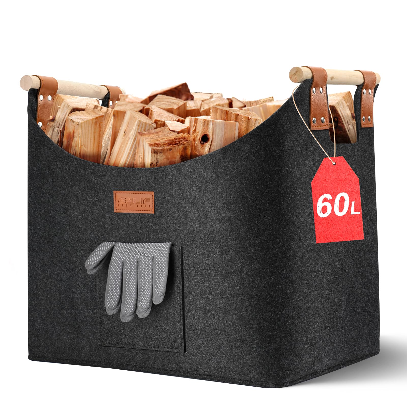 Ezilif Holzkorb für Kaminholz Groß XL, Kaminholzkorb mit Doppelt Verstärkten Leder, 60L Brennholzkorb aus Filz, Filzkorb Kaminholz mit Fronttasche, Faltbarer Korb für Kaminholz 45x32x40cm 45x32x40cm(60L) Angebot bei HelloDeals