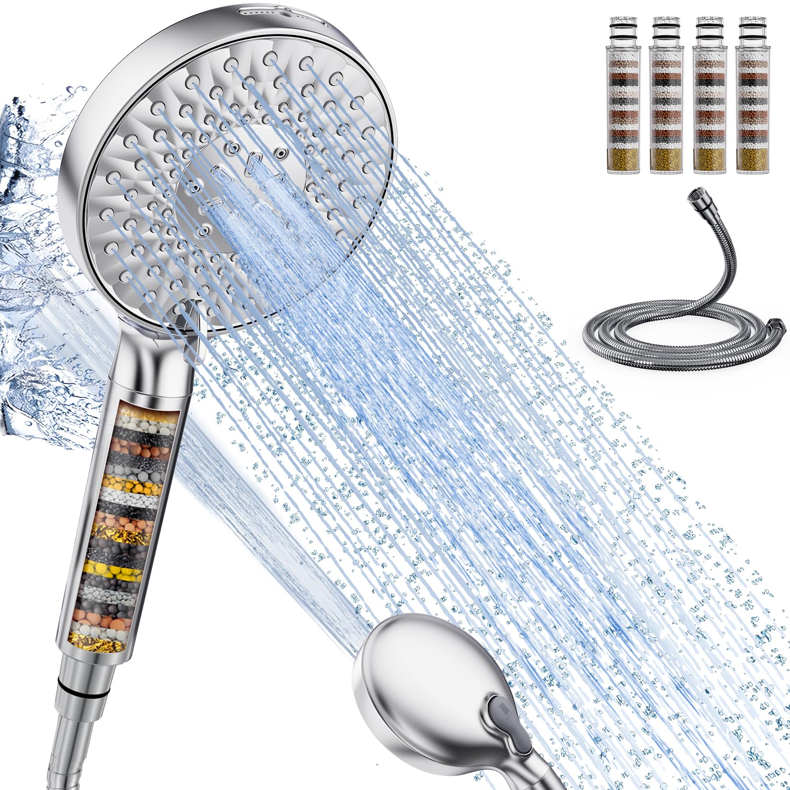 SR SUN RISE Duschkopf mit Filter,9 Strahlarten Duschkopf mit Schlauch,Handbrause mit 4 Duschfilter,Hochdruck Handbrause mit 20 Schichten Filtrierung für Hartes Wasser,Rest-Chlor,Schwermetall,Bakterien Vier-Kartuschen-Kombination Chrom 9 Strahlarten Schlau Angebot bei HelloDeals