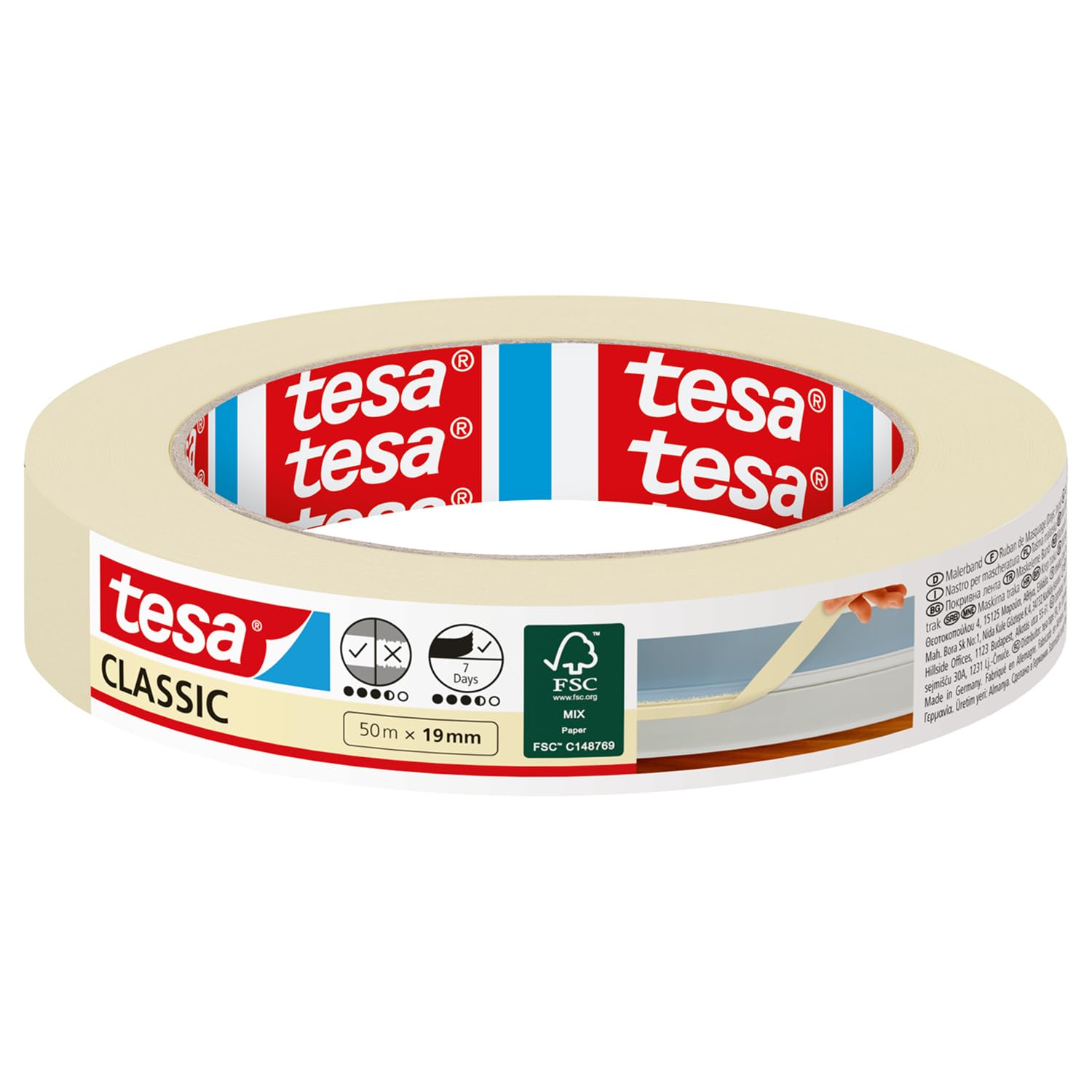 tesa Malerband CLASSIC - Abdeckband zum Abkleben bei Malerarbeiten - lösungsmittelfrei, rückstandslos entfernbar - 50 m x 19 mm 50m x 19mm 1 Rolle Angebot bei HelloDeals