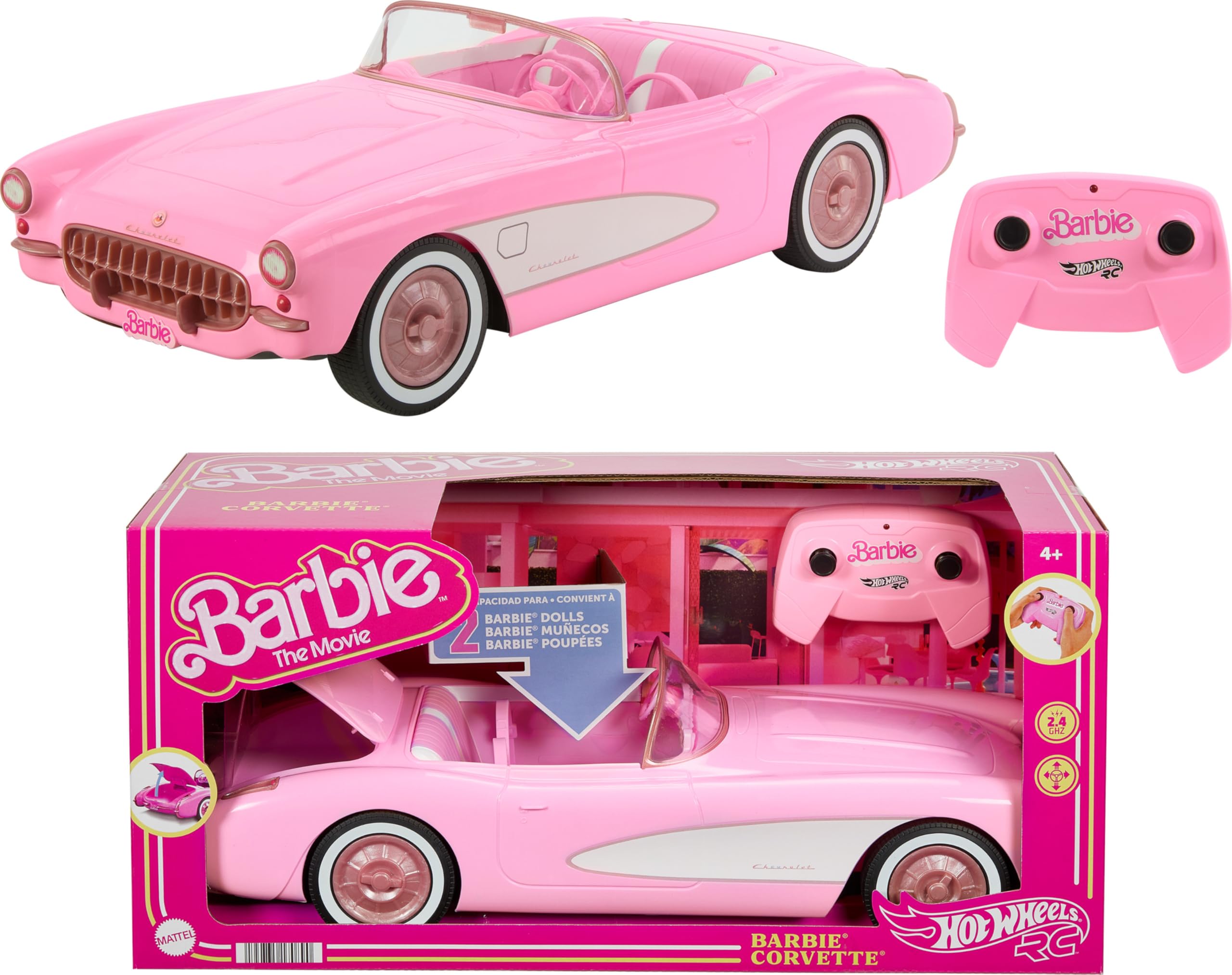 Hot Wheels Ferngesteuertes Auto, R/C Barbie Corvette - ferngesteuertes Fahrzeug, 1956 Corvette Stingray, 2,4 GHz Frequenz, bis zu 8 km/h, Platz für 2 Barbie-Puppen, HPW40 Barbie Movie Corvette Angebot bei HelloDeals