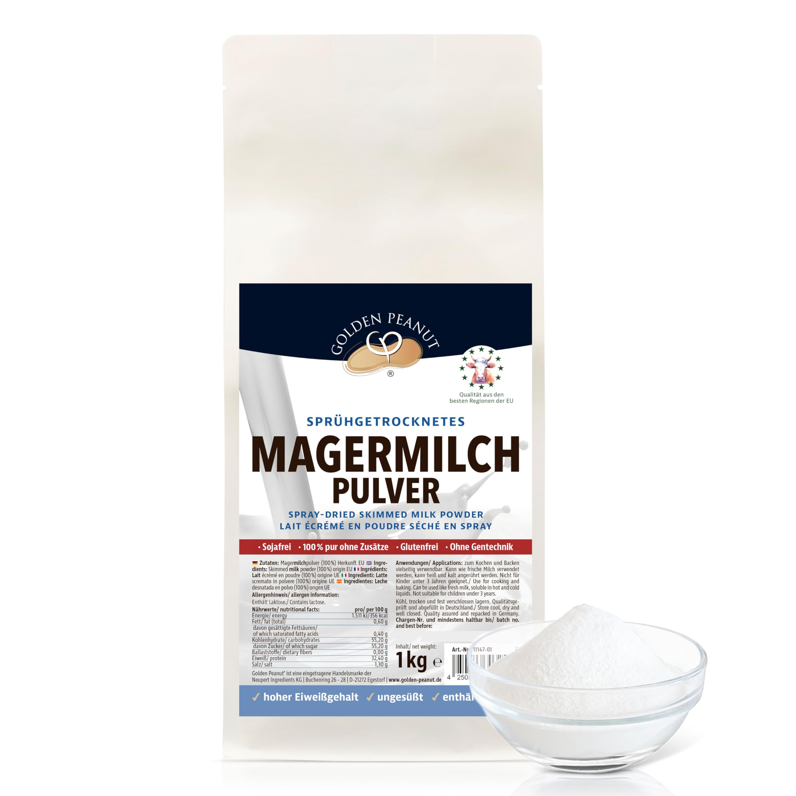 GOLDEN PEANUT Magermilchpulver 1 kg - fettarm sprühgetrocknet, lange haltbare Magermilch, Frischmilch Ersatz, Eisherstellung, Herkunft EU Angebot bei HelloDeals