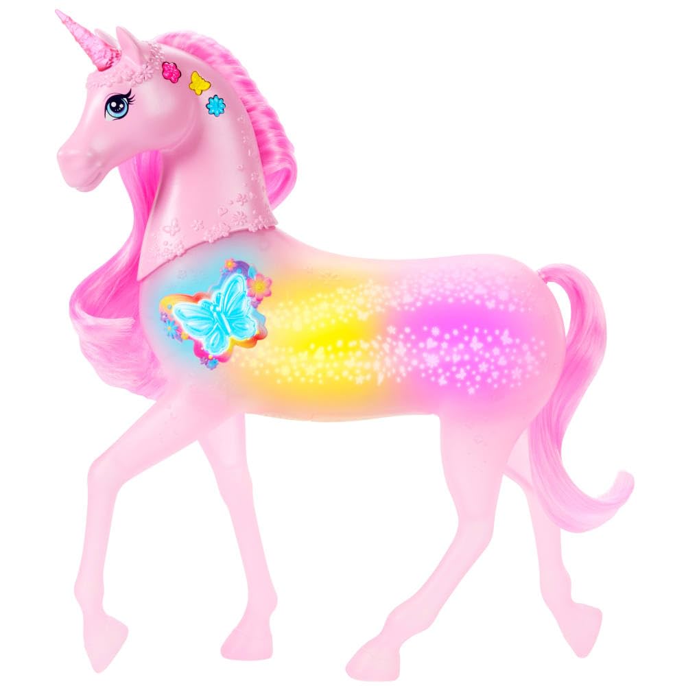 Barbie funkelnd leuchtendes Einhorn mit 20 interaktiven Kombinationen aus Lichteffekten, Geräuschen und Musik, zum Spielen Knöpfe drücken und Kopf streicheln,JCP78 Angebot bei HelloDeals