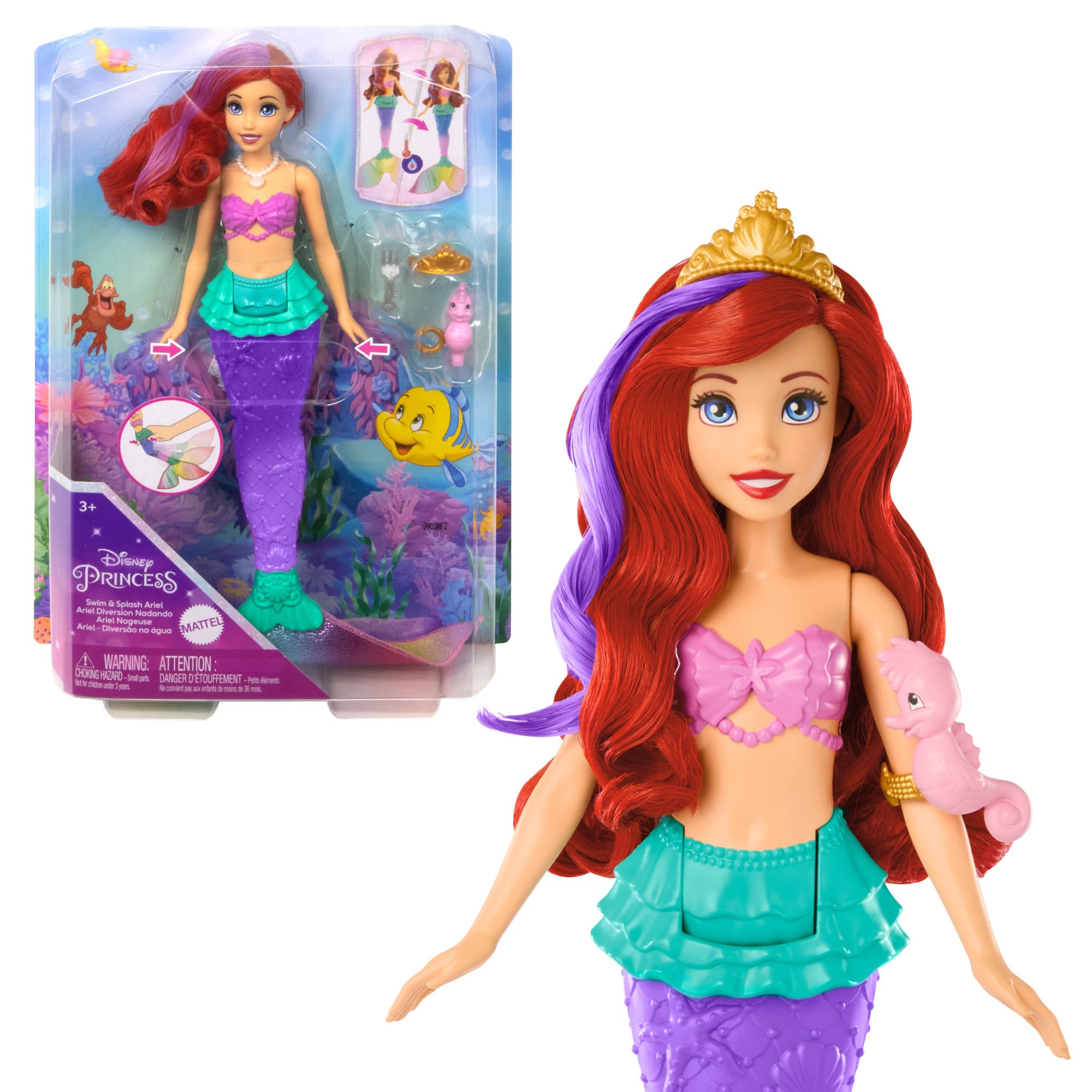 Mattel DISNEY Arielle - Meerjungfrauenpuppe mit Farbwechseleffekt, inklusive Seepferdchen-Freund, Diadem, Halskette und Dingelhopper für Unterwasserabenteuer, HPD43 Angebot bei HelloDeals