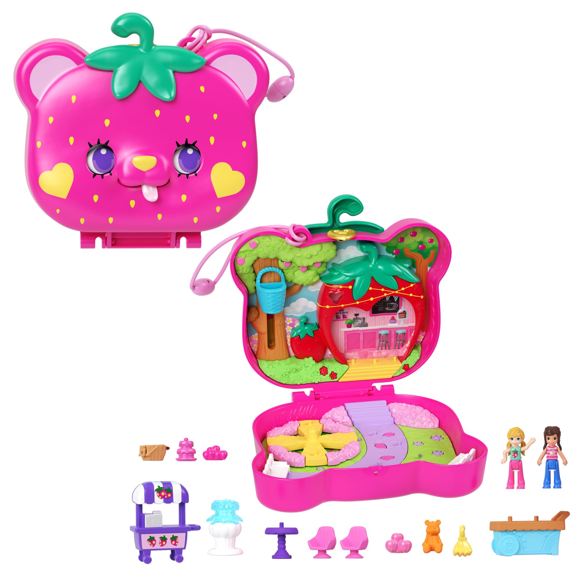 Polly Pocket Erdbeer Bärchen Schatulle - inklusive 2 Puppen, 12 Accessoires und 5 Motiven zum Geschichtenerzählen drehbare Augen und tollem Garten-Spielplatz, für Kinder ab 4 Jahren, HRD35 Angebot bei HelloDeals