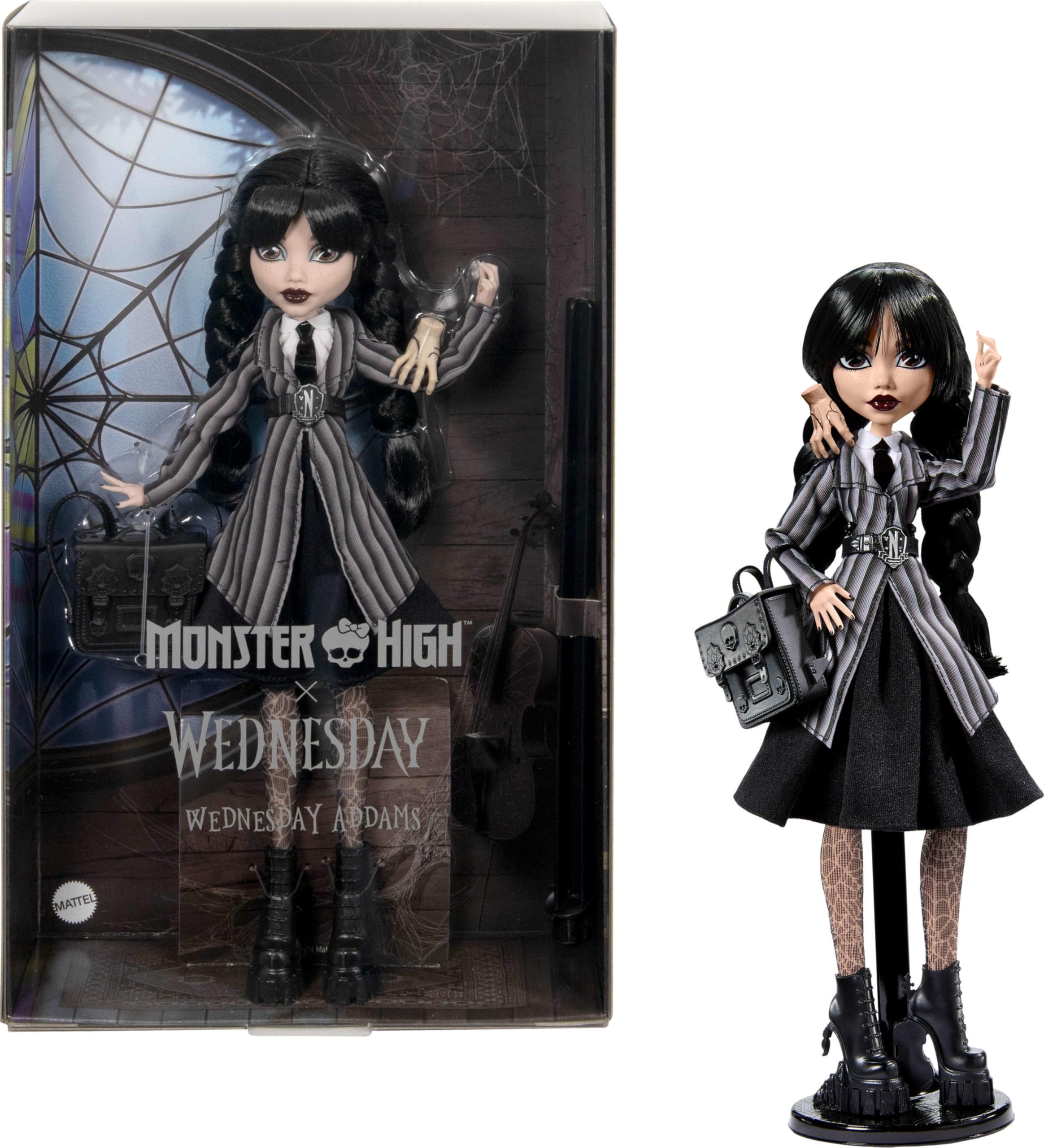 Monster High Wednesday Puppe und Accessoires, Wednesday Addams Sammelfigur in Nevermore Academy Uniform mit Eiskaltem Händchen und Rucksack, Puppenständer, HXJ04 [Mehrfarbig] Angebot bei HelloDeals
