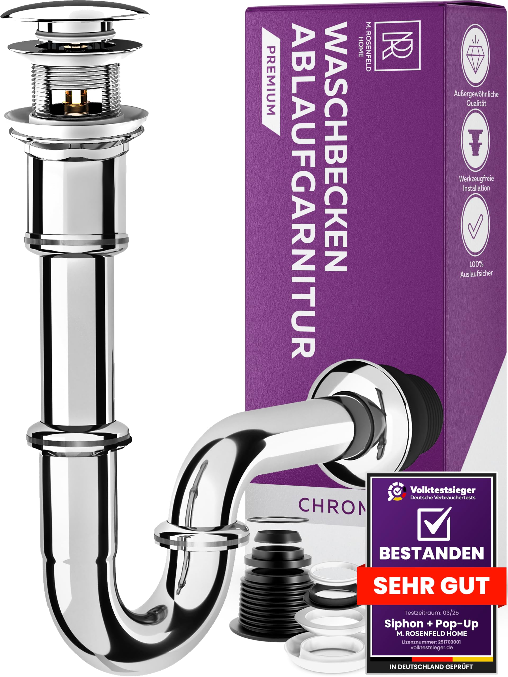 M. ROSENFELD HOME Ablaufgarnitur Waschbecken POP UP mit Überlauf + Universal Röhrensiphon für Waschbecken, Waschtisch Geruchsverschluss aus Messing Chrom Pop-up + Röhren Siphon Angebot bei HelloDeals