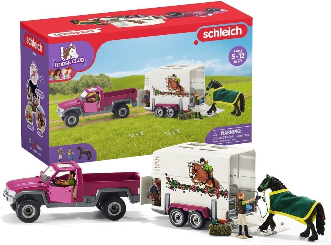 SCHLEICH Horse Club | Pick-up mit Pferdeanhänger 42346 | Set inkl. Fahrzeug, Anhänger, Pferd, 2 menschliche Figuren & Zubehör | Pferdespielzeug & Geschenk für Kinder | 38-teiliges Spielset neue Verpackung Angebot bei HelloDeals
