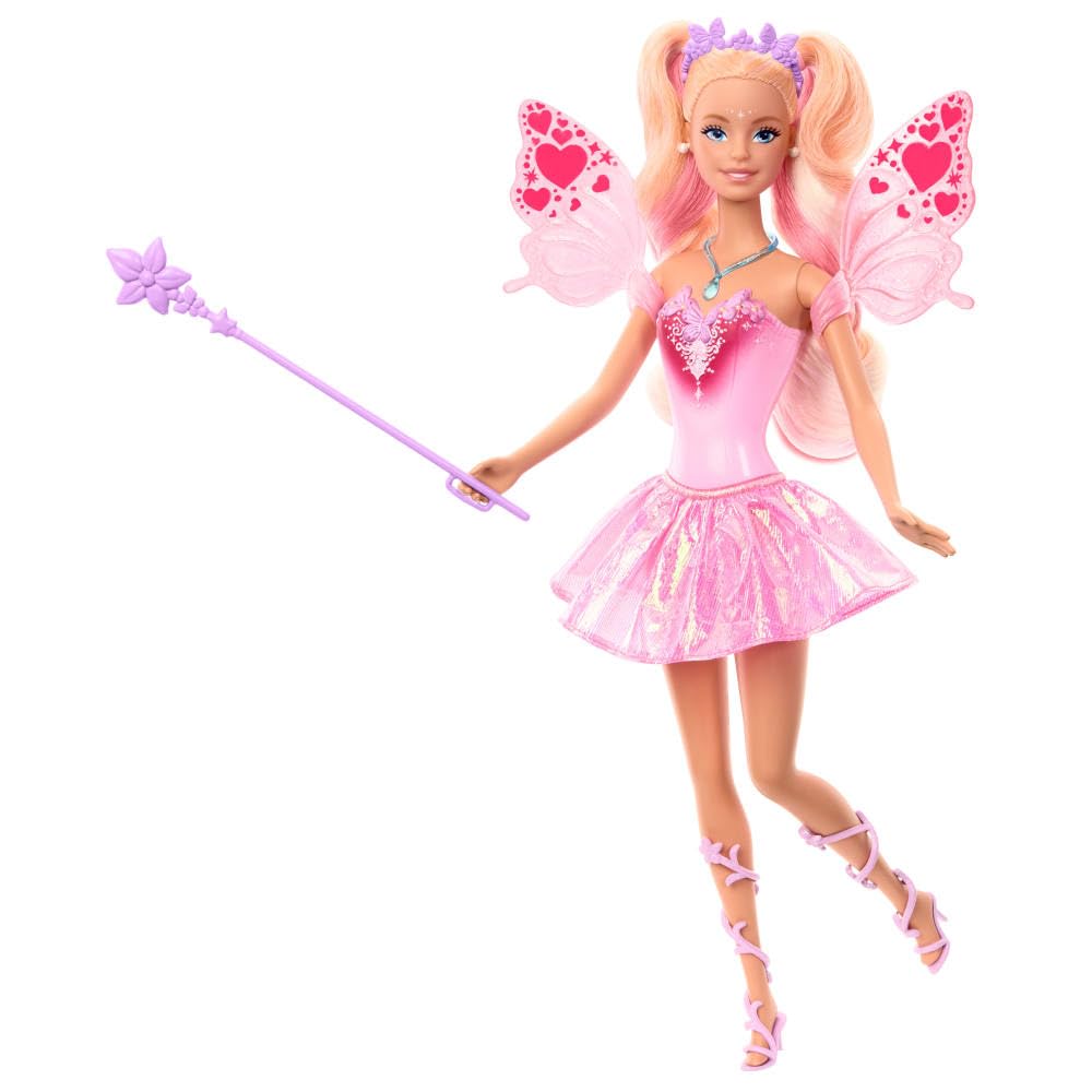 Mattel Barbie-Puppe Fee mit Spielzeugzauberstab und Mode-Accessoires, Fantasiethema mit Farbwechsel bei Flügeln und Outfit, JCP76, [Mehrfarbig] Angebot bei HelloDeals