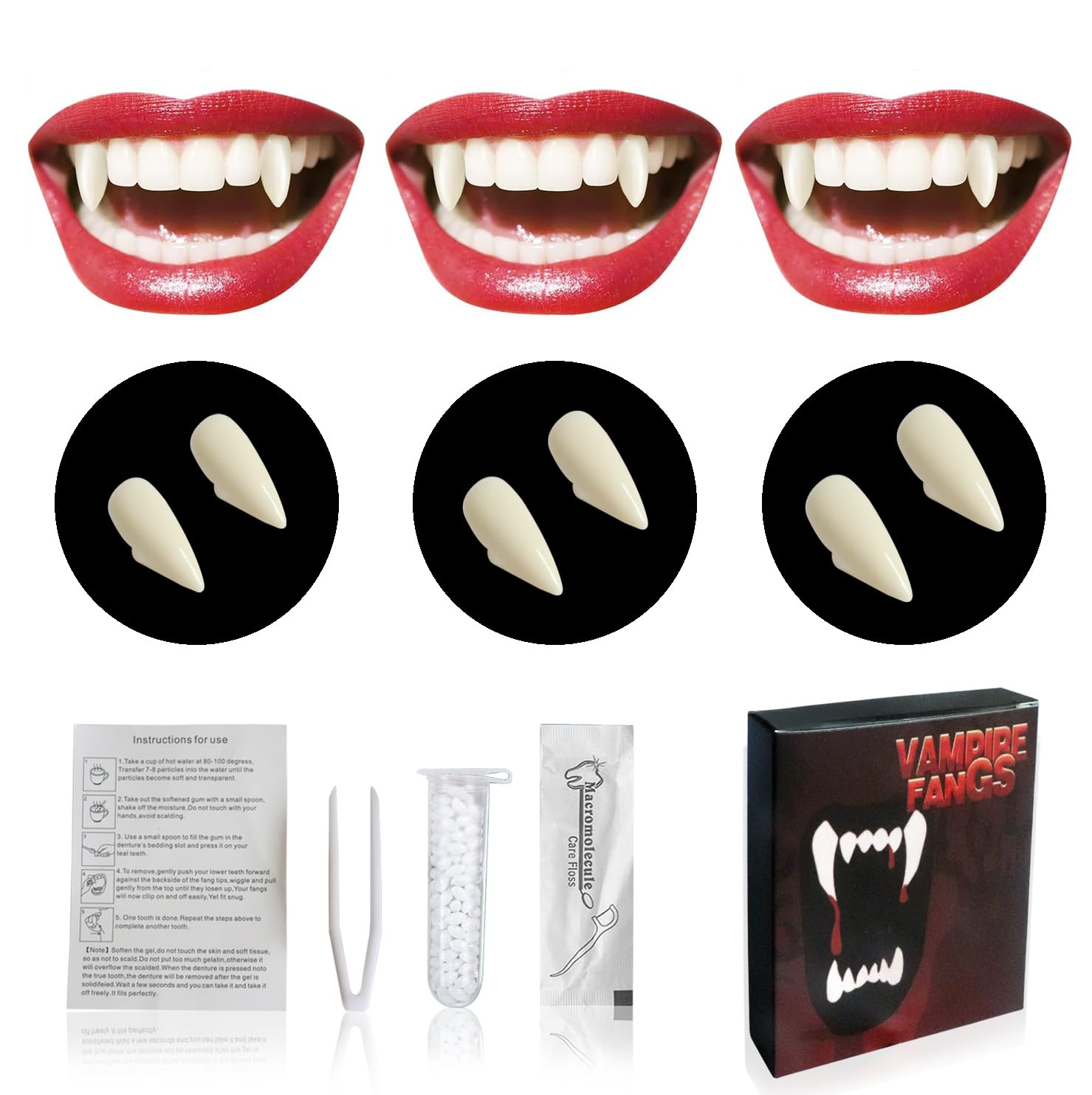 Halloween Vampir Zähne Erwachsene Vampirzähne Vampire Teeth Fangs Halloween Vampir Schminke Cosplay Kostüm Accessoires Damen Herren Kinder Vampirgebiss, Horror Werwolf Zähne Eckzähne Fangzähne Kleber Angebot bei HelloDeals