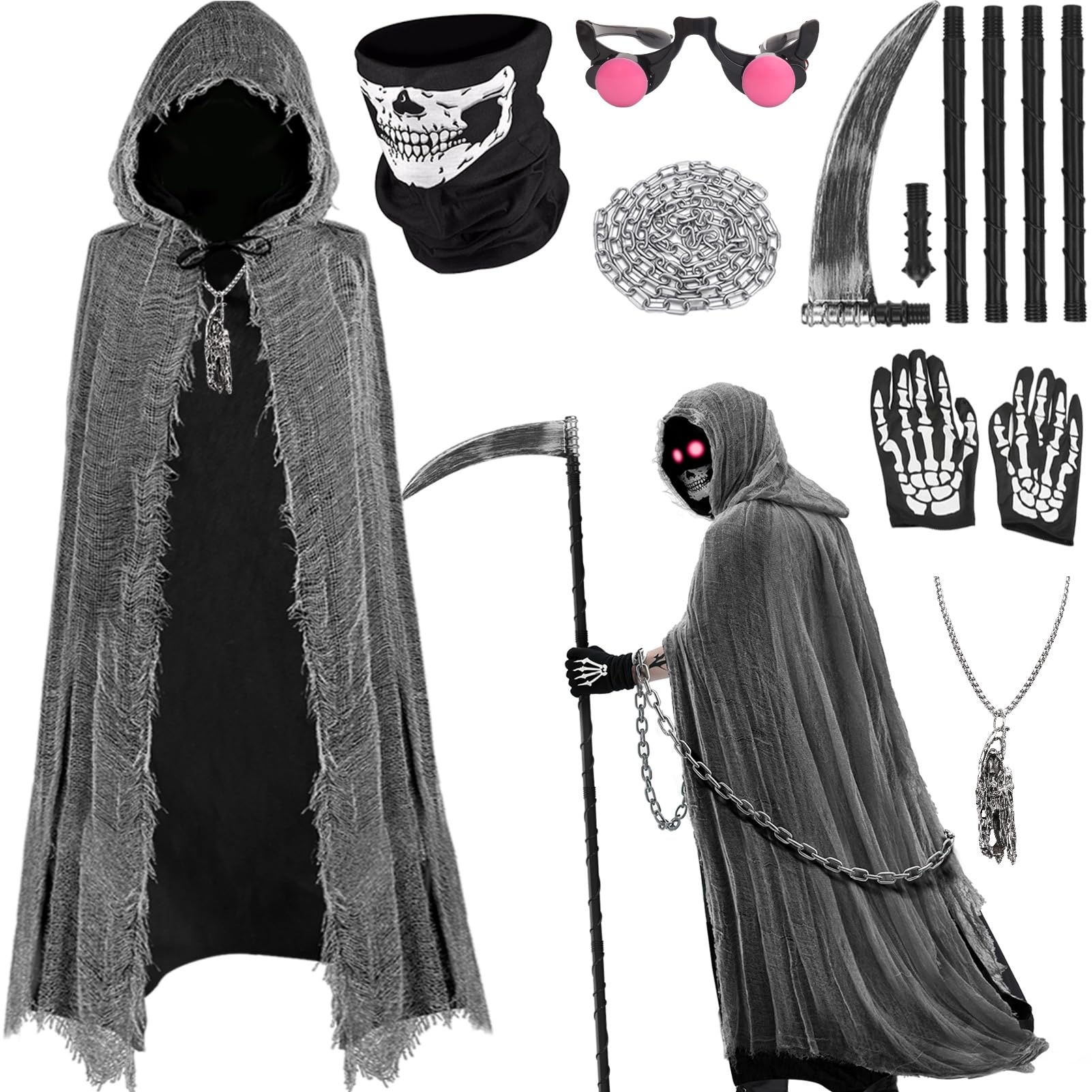 Sensenmann Kostüm Set - 7er - Geister Sensenmann Umhang mit Maske & Sense & Kette & Rote Brille & Handschuhe,Halloween Kostüm Kinder Jungen Grim Reaper Tod Kostüm Horror Sensenmann Mädchen XL:160CM Angebot bei HelloDeals