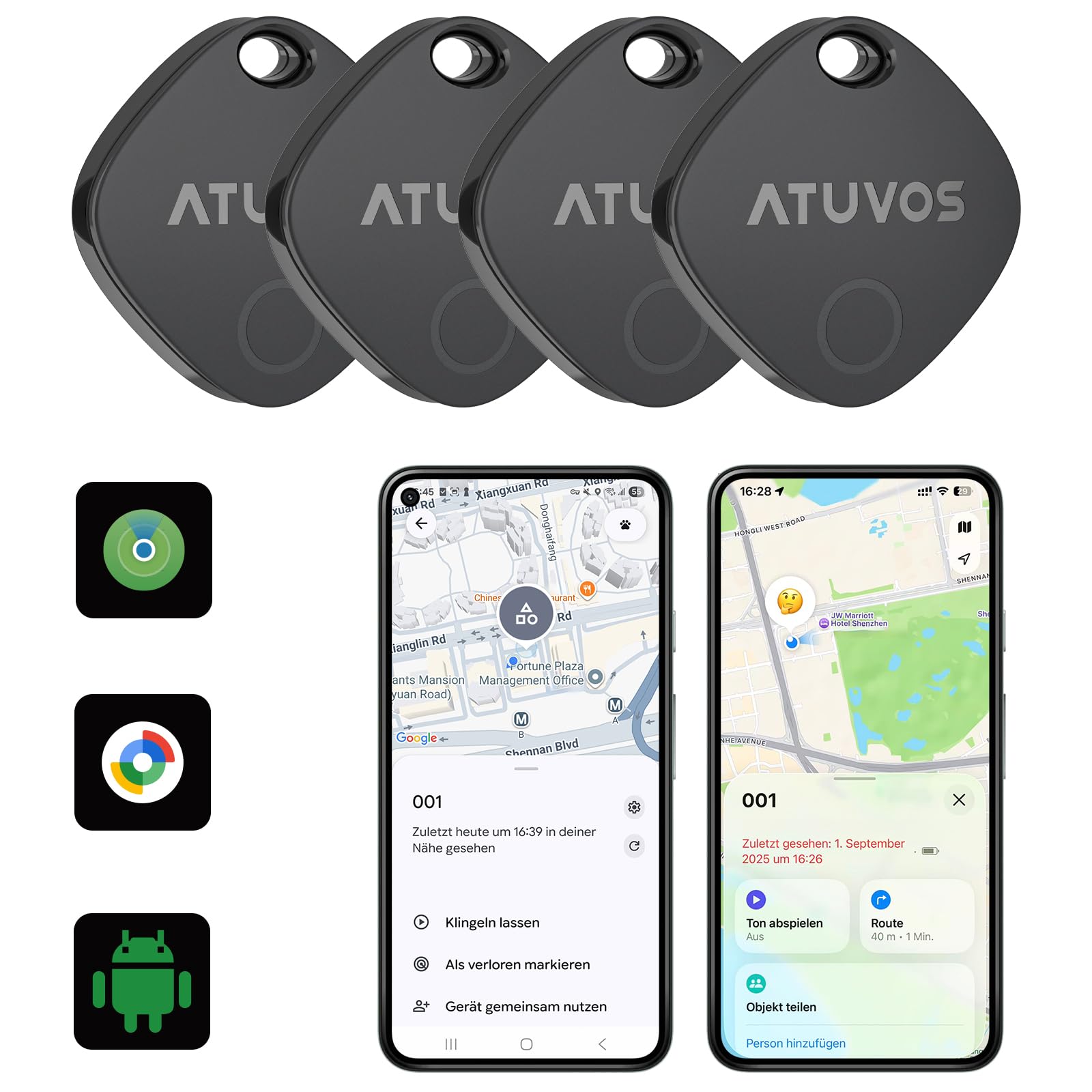 ATUVOS Dual-System Air Tag Pro 4er Pack, Smart Schlüsselfinder Tracker kompatibel mit Android Google Mein Gerät finden or iOS Apple Wo ist? App (Huawei nicht unterstützt), Key Finder für Gepäck,Koffer Air Tag Pro/ Schwarz 4 Pack Angebot bei HelloDeals