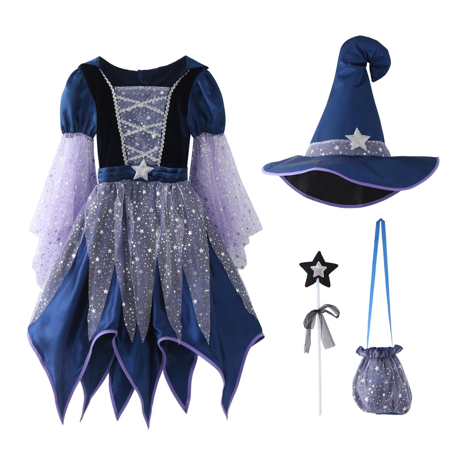 Halloween Kostüm Mädchen Hexenkostüm Mädchen Set 4-Teilig：Hexenhut Tasche Kleid Mit Zauberstab Cosplay Elegant Witch Costume Für Party Dress 011 Blue 5-6 Jahre Angebot bei HelloDeals