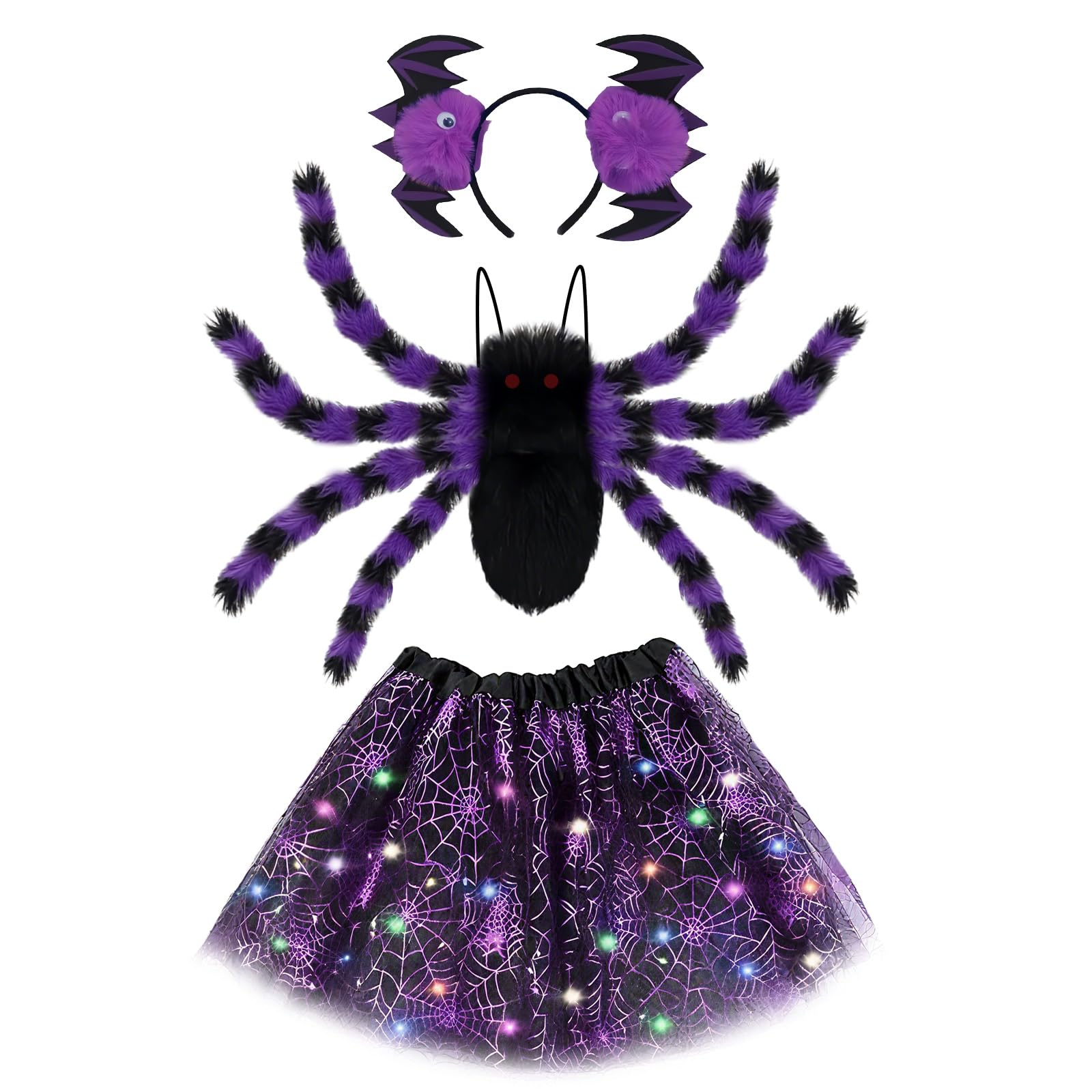 23GUANYI Spinnenkostüm für Kinder, Halloween Kostüm Mädchen mit Spinnenrucksack Fledermaus Haarreifen und Tüllrock mit LED-Lichterkette für Mädchen 3-12 Jahr Halloween Verkleidung Rollenspiele Party Violett Angebot bei HelloDeals