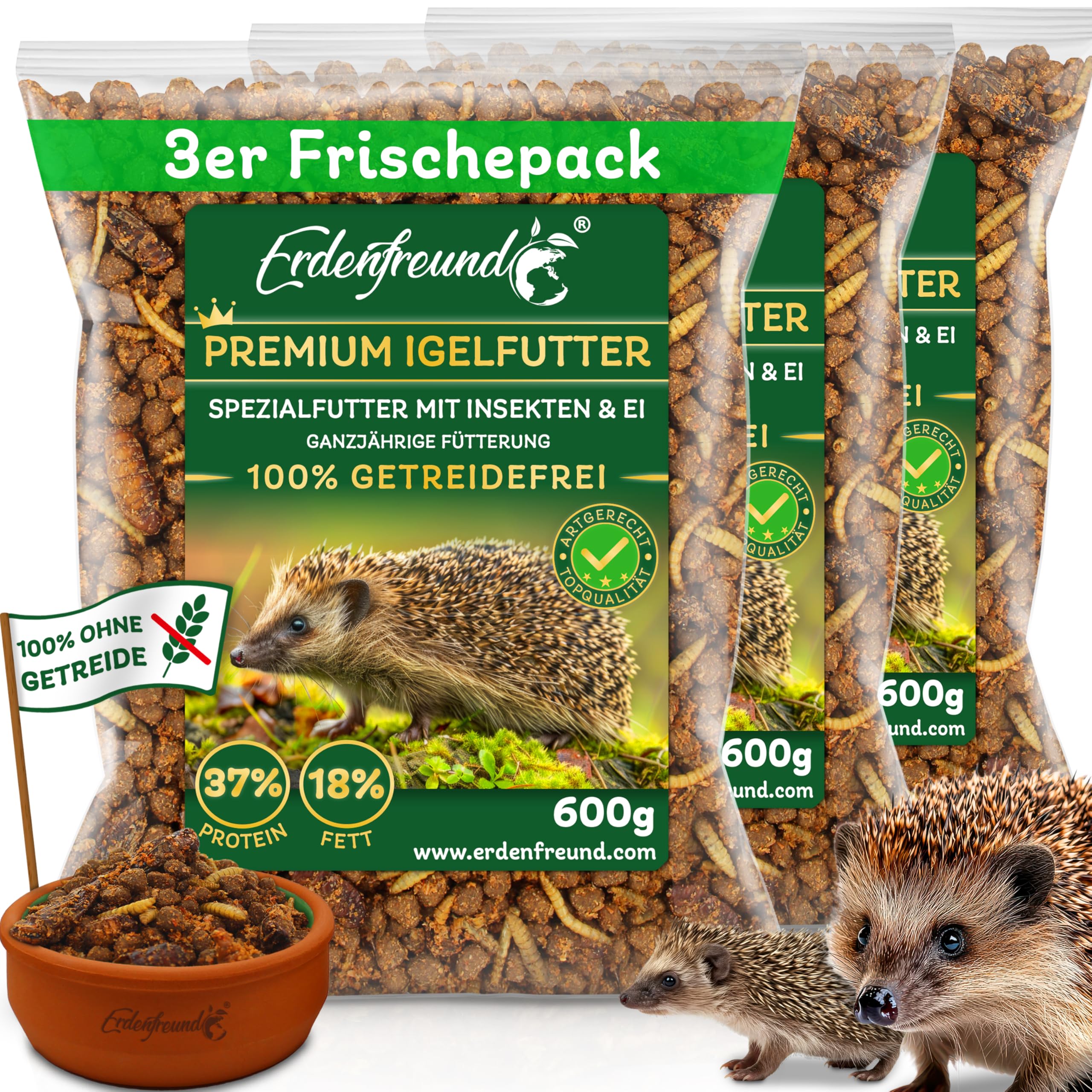 ERDENFREUND® Premium Igelfutter 100% getreidefrei 3x600g Ganzjahres-Alleinfutter für Igel vollwertig verdaulich Igelfutter mit Insekten nährstoffreich (3x600g Frischepacks = 1800g Premium Igelfutter) 1.8 kg (1er Pack) Angebot bei HelloDeals